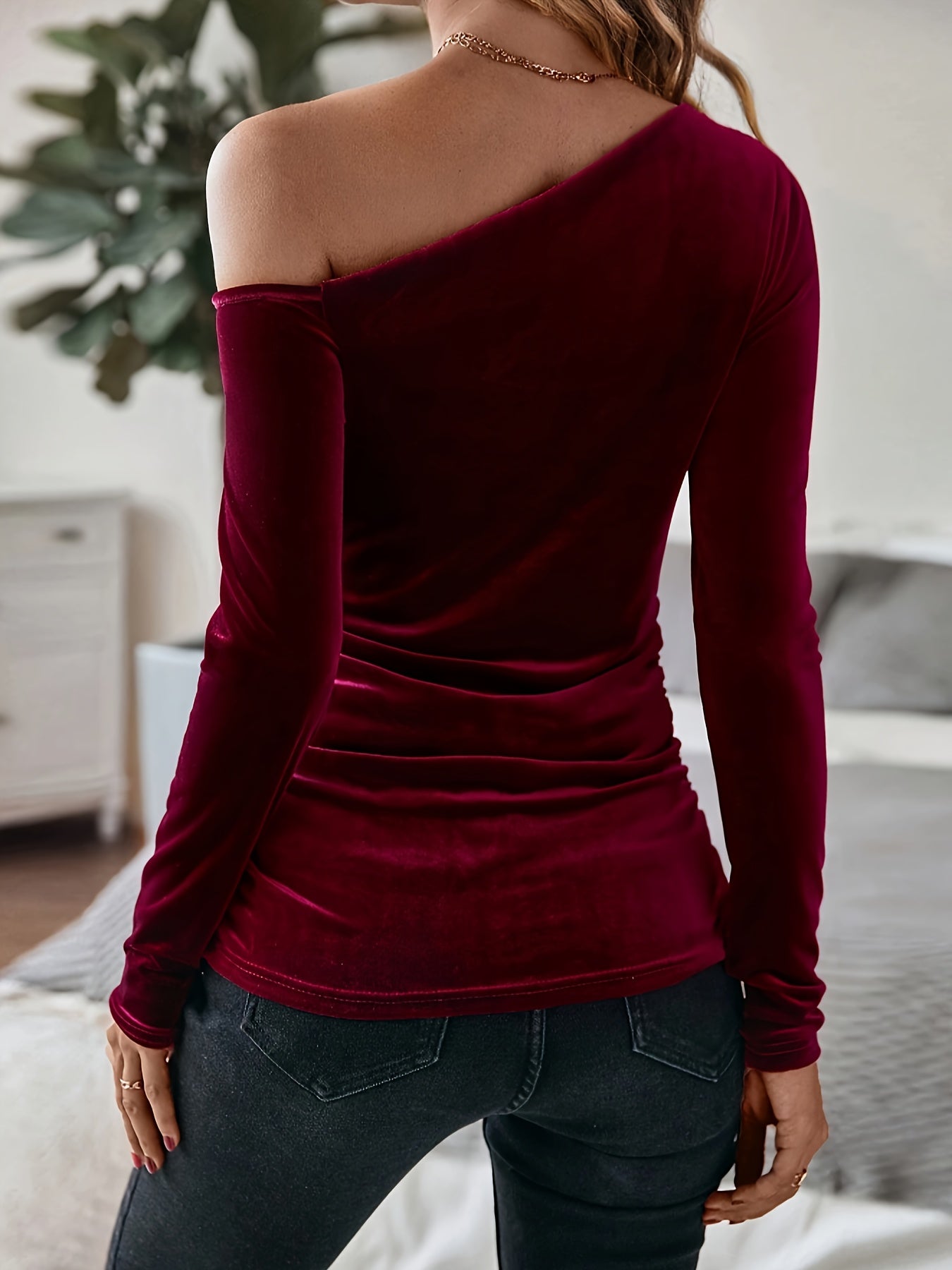 WL Atelier | Burgundy Velvet Off-Shoulder Long-Sleeve Top