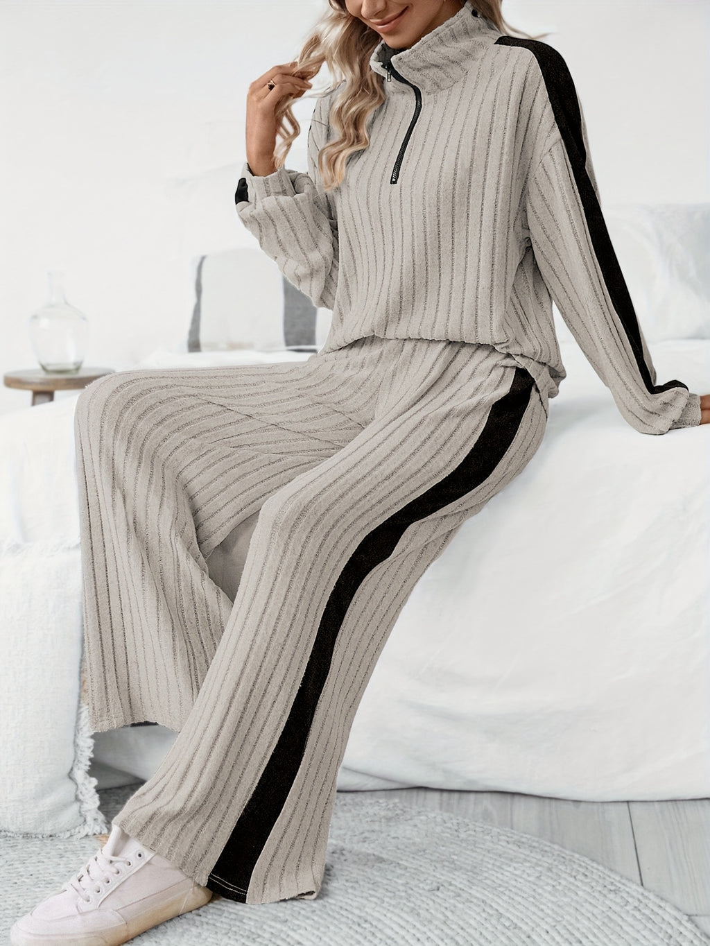 WL Atelier | Striped Collar Top &amp; Color-Block Wide-Leg Pants Set