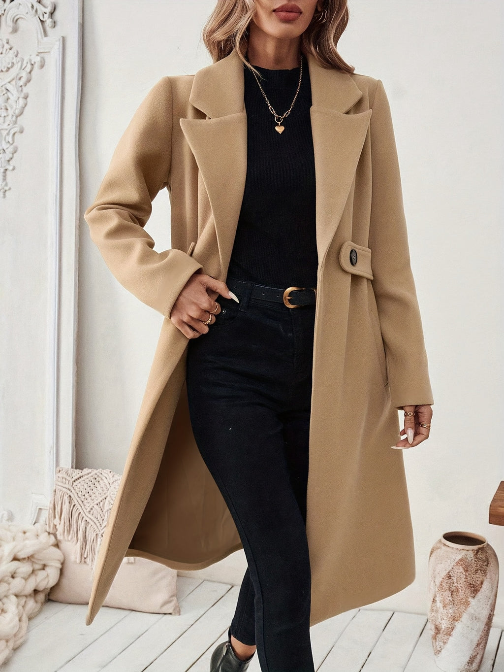 WL Atelier | Elegant Long Black Tweed Coat with Belt
