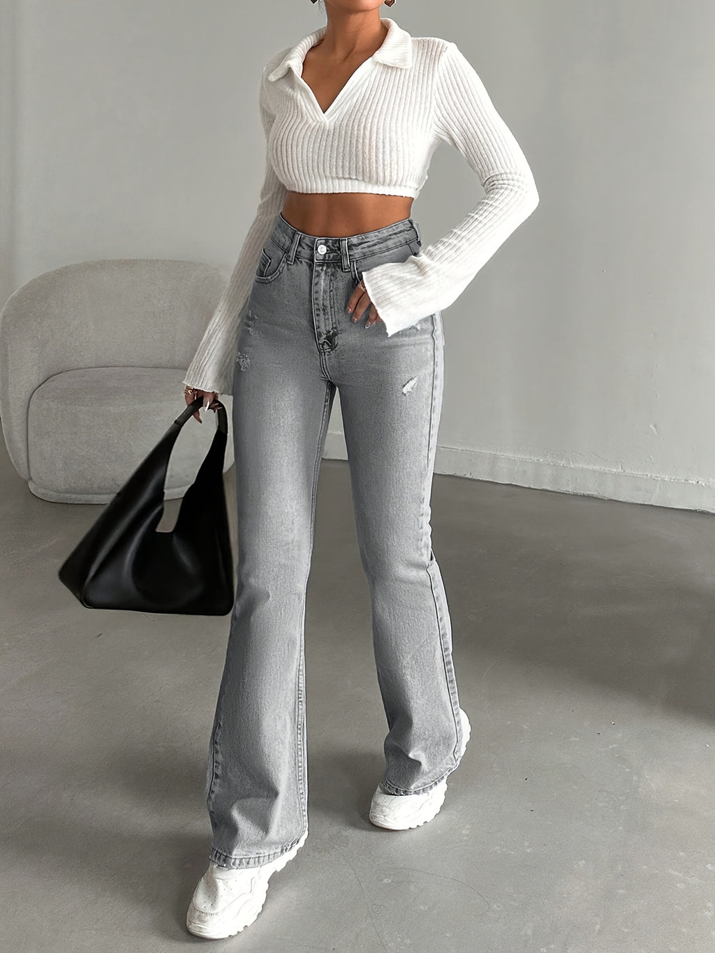 WL Atelier | High-Waisted Light Grey Distressed Bell-Bottom Jeans