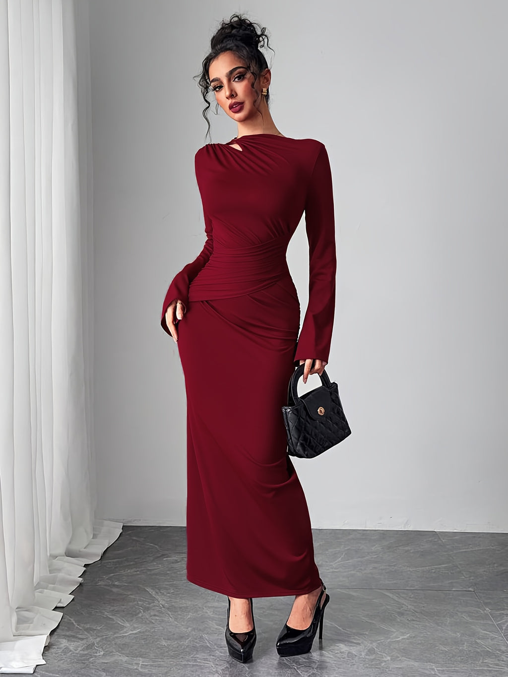 WL Atelier | Elegant Bodycon Dress with Bell Sleeves &amp; Asymmetrical Neckline