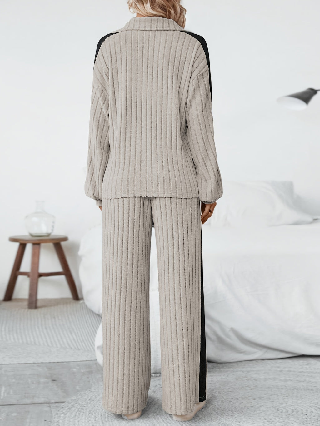 WL Atelier | Striped Collar Top &amp; Color-Block Wide-Leg Pants Set