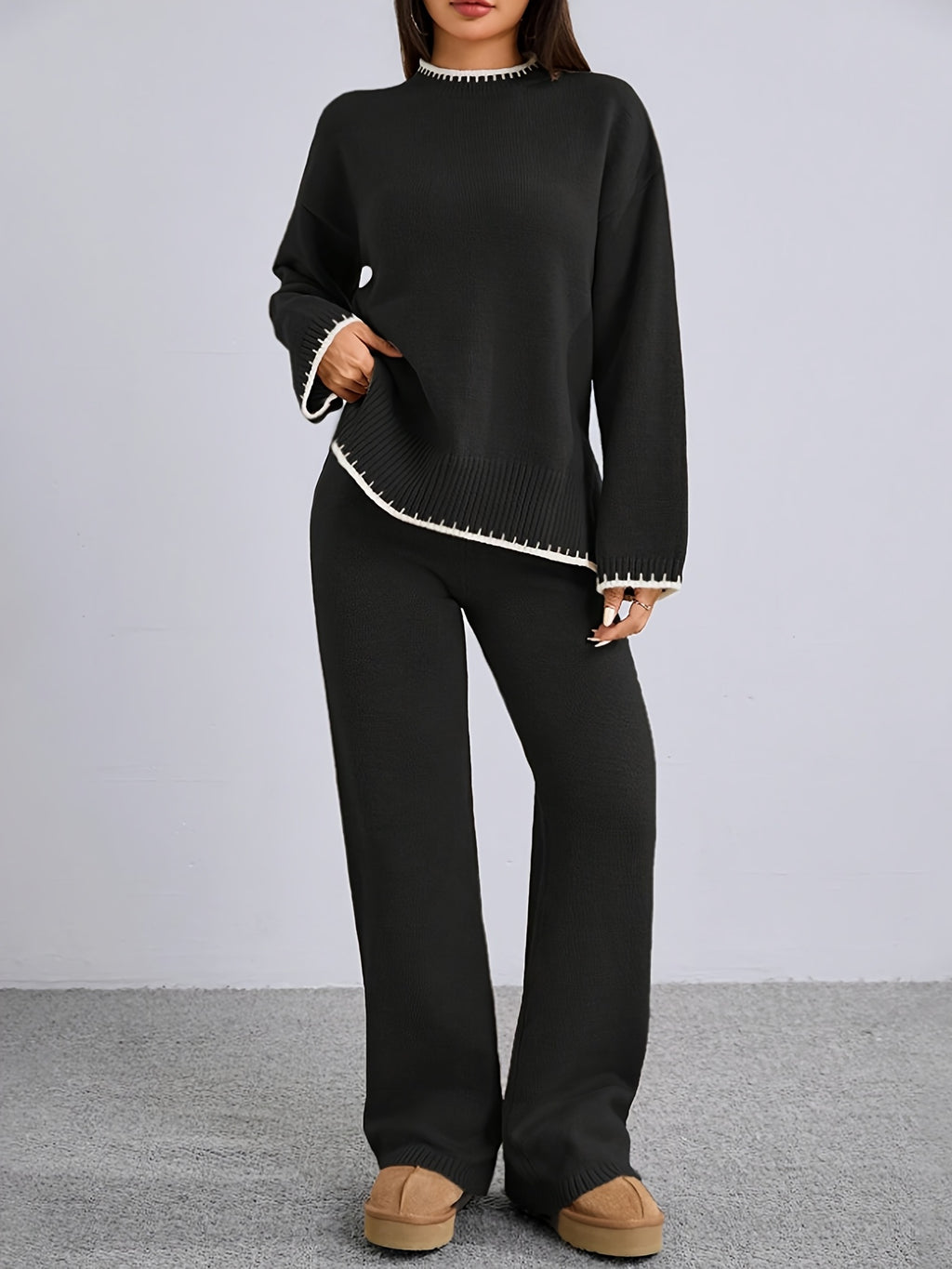 WL Atelier | Elegant Contrast Pullover Sweater &amp; Pants Two-Piece Set