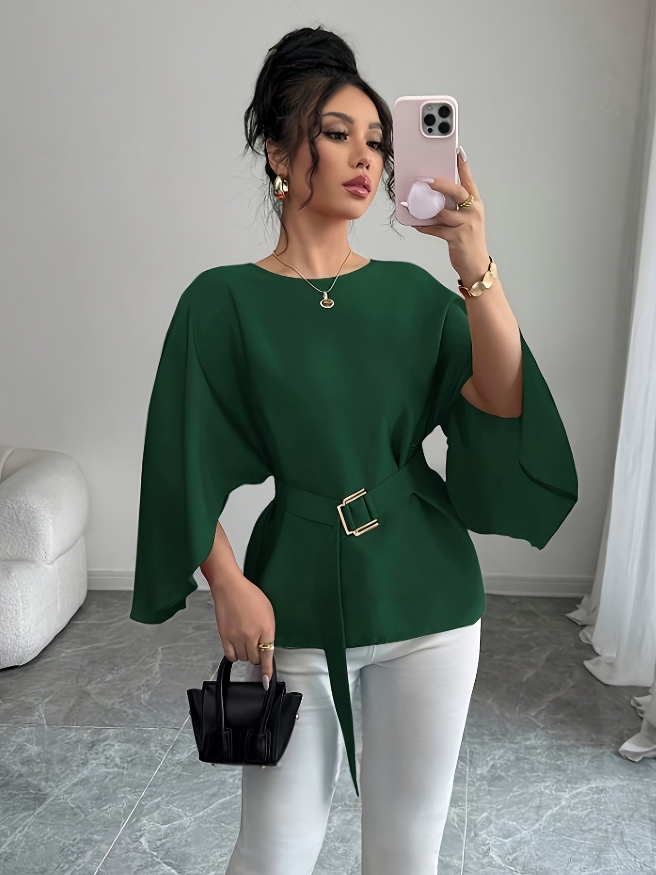 WL Atelier | Elegant Green Belted Long-Sleeve Blouse