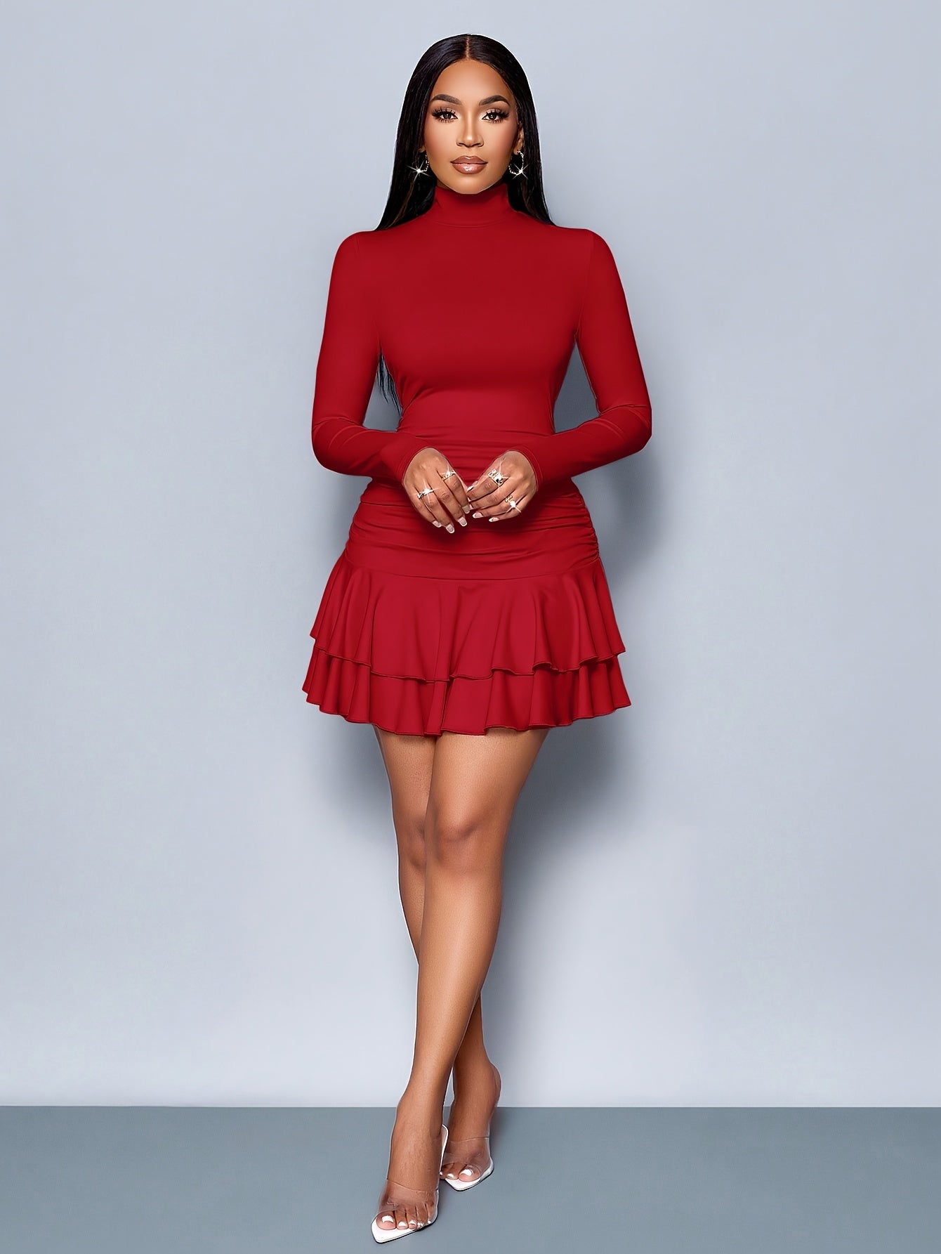 WL Atelier | Elegant Black Ruffle Mini Dress with Stand Collar