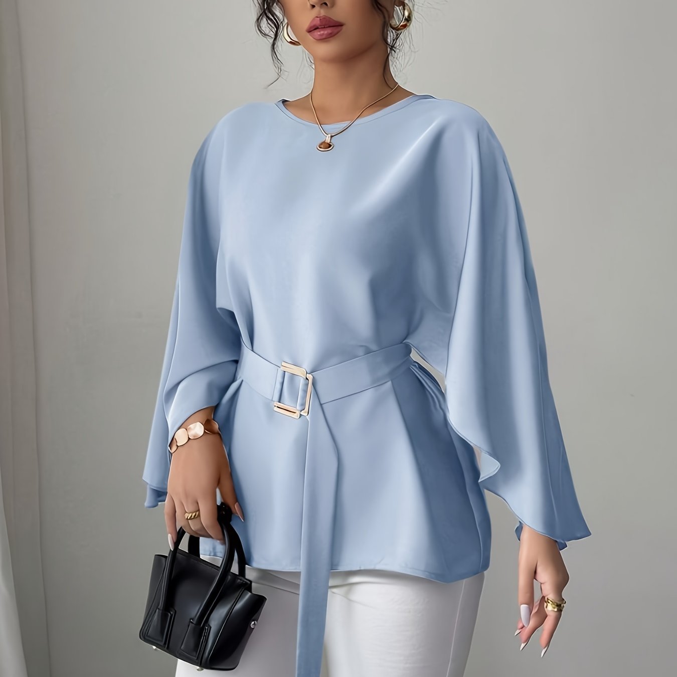 WL Atelier | Elegant Green Belted Long-Sleeve Blouse