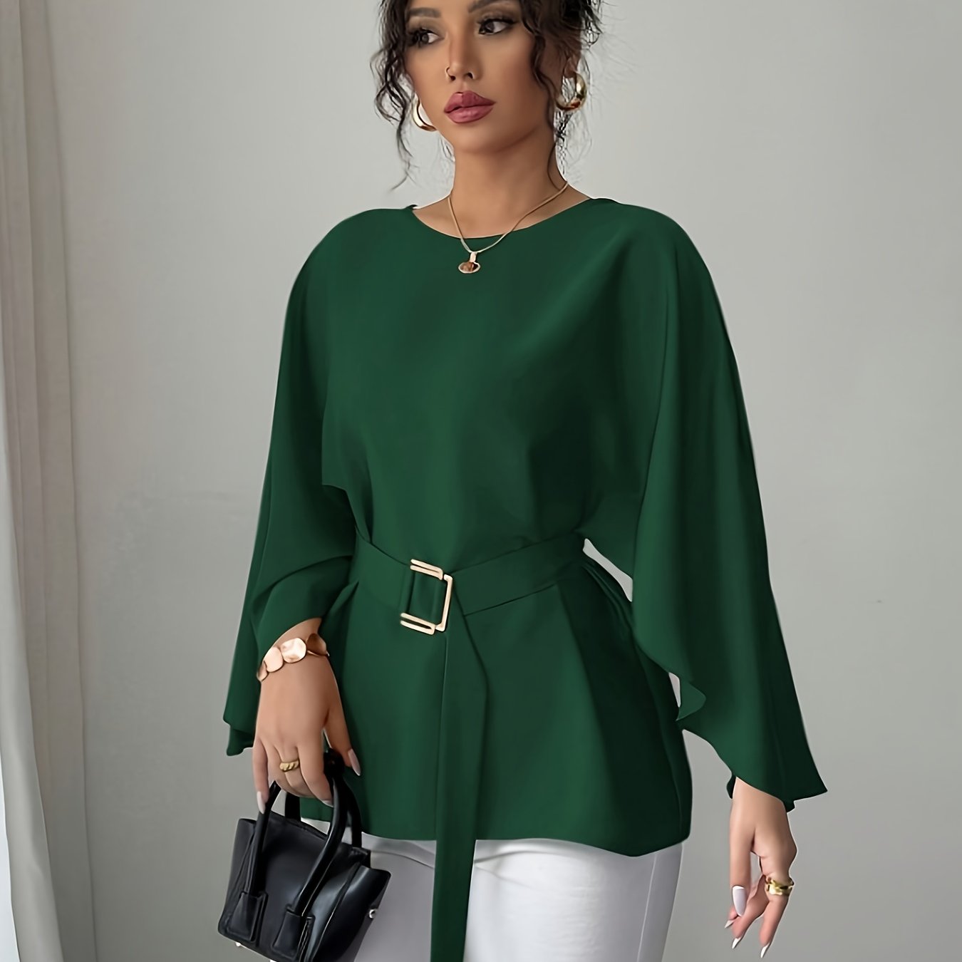 WL Atelier | Elegant Green Belted Long-Sleeve Blouse