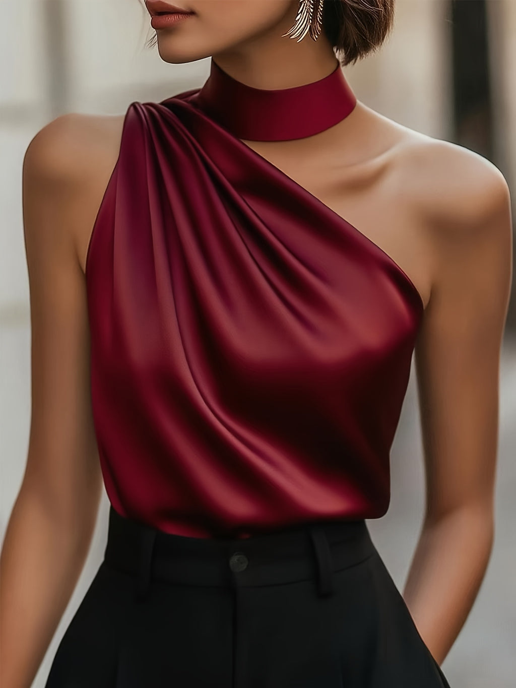 Deep Red Satin Off-Shoulder Blouse