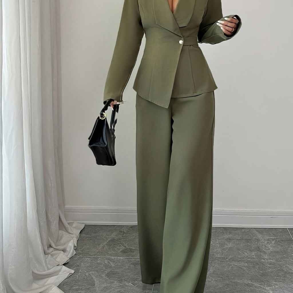 WL Atelier | Elegant V-Neck Belted Blazer &amp; Wide-Leg Pants Set