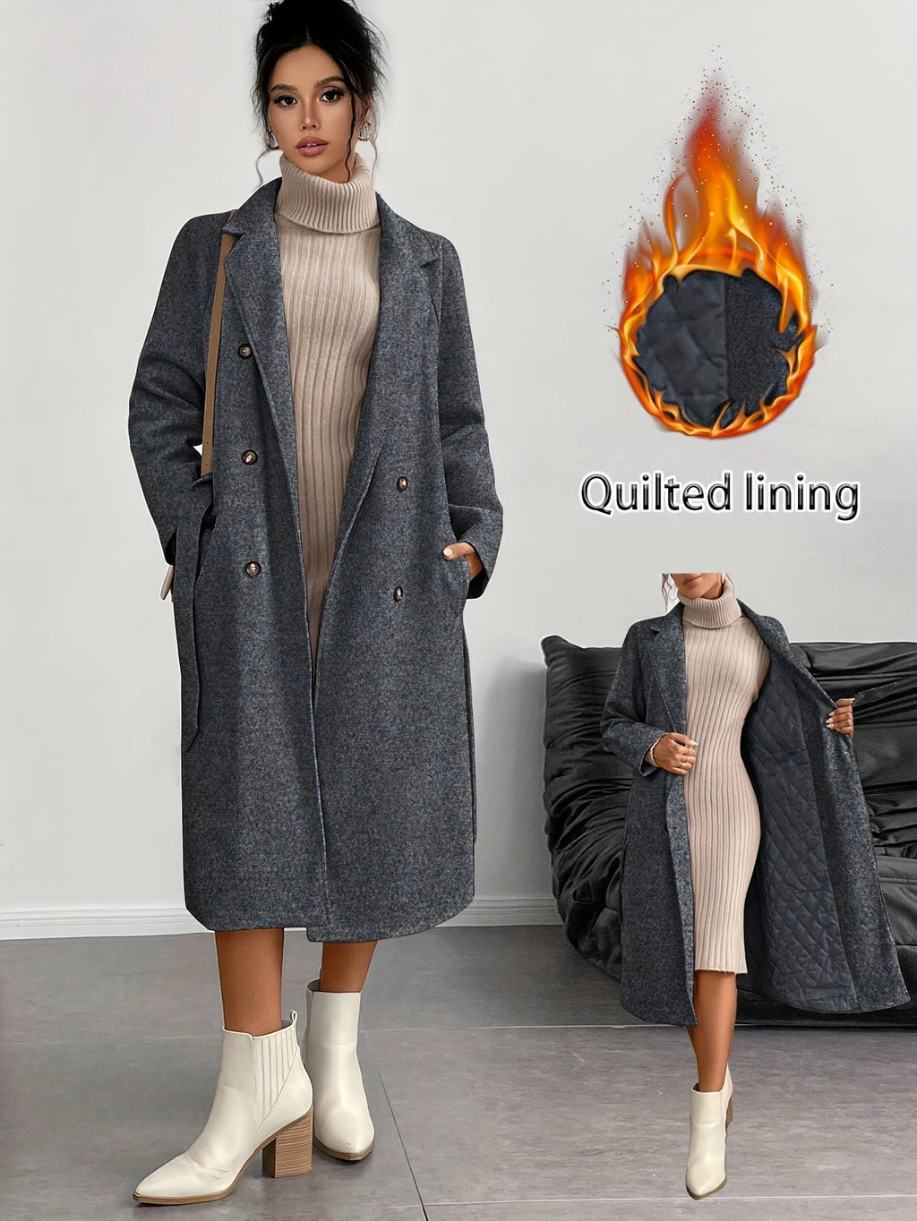 WL Atelier | Elegant Double-Breasted Long Coat with Belt