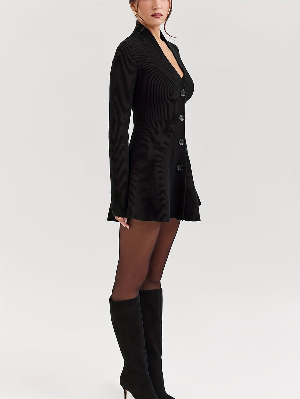 WL Atelier | Elegant Black V-Neck Long-Sleeve A-Line Dress Coat