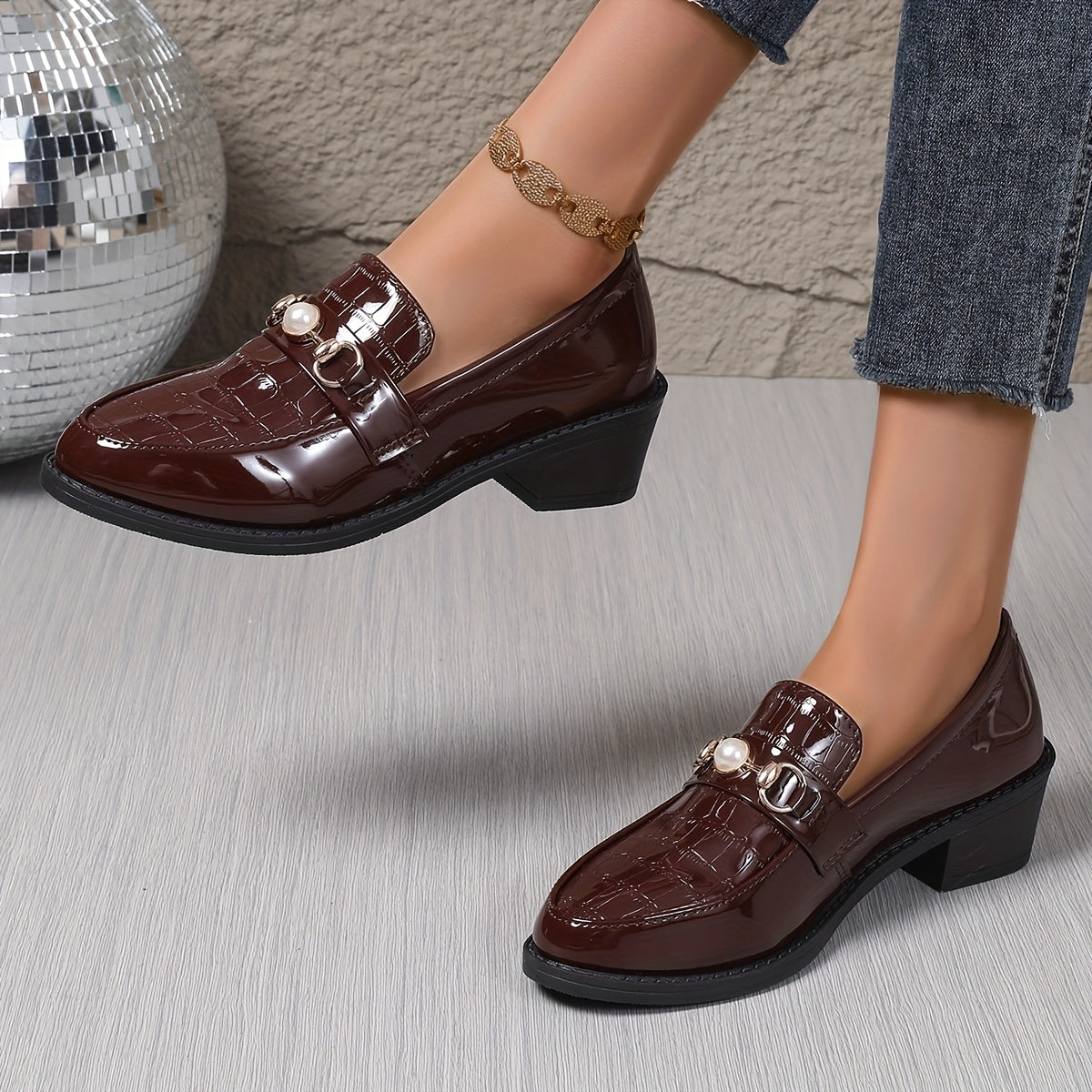 WL Atelier | Slip-On Loafers with Pearl Accents &amp; Crocodile Pattern