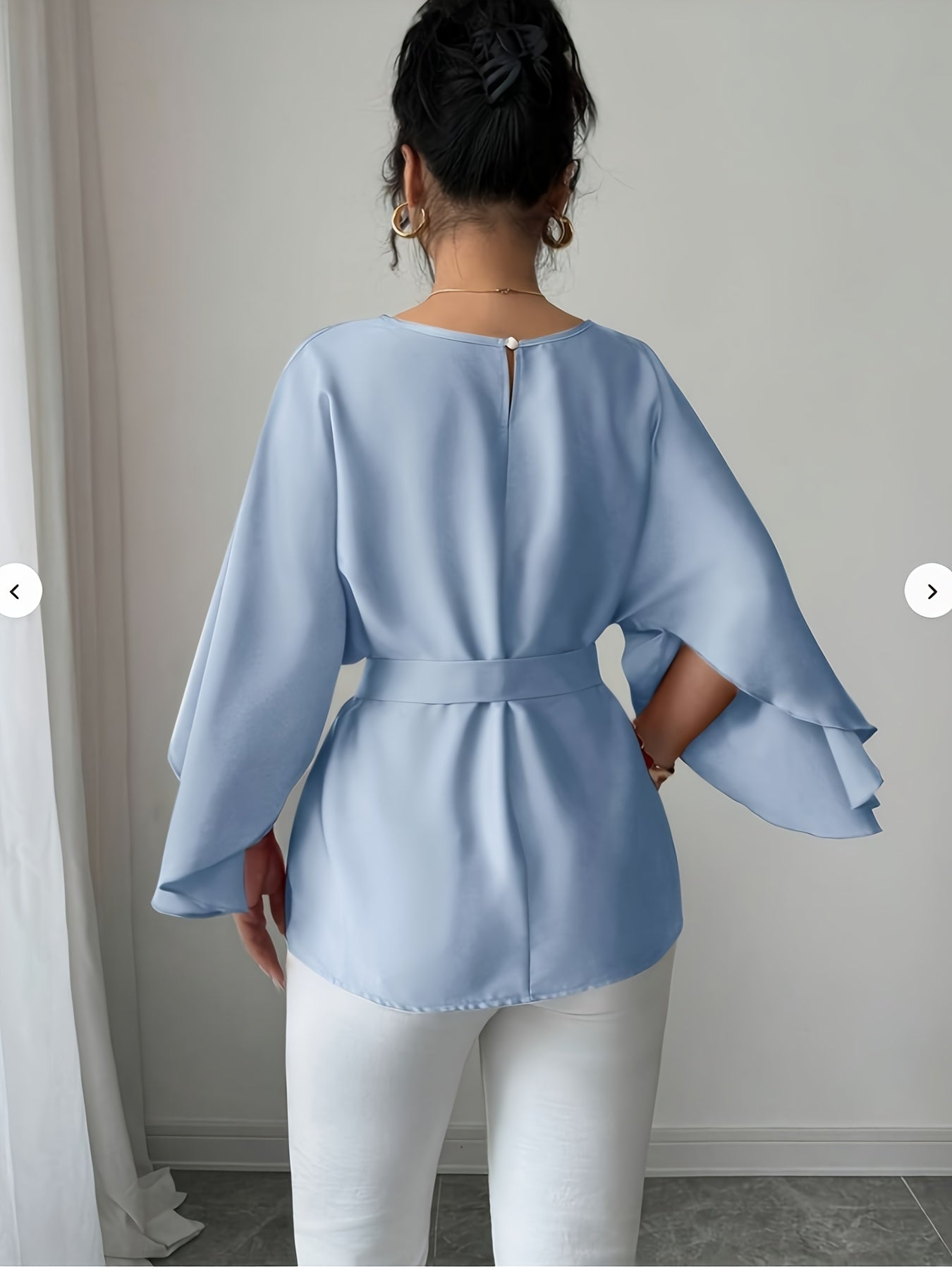 WL Atelier | Elegant Green Belted Long-Sleeve Blouse
