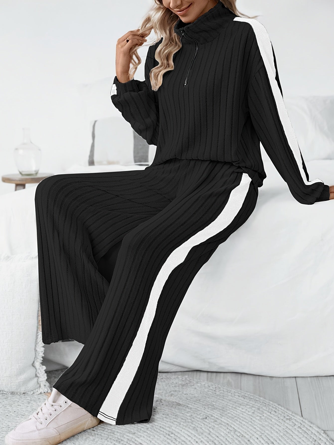 WL Atelier | Striped Collar Top &amp; Color-Block Wide-Leg Pants Set
