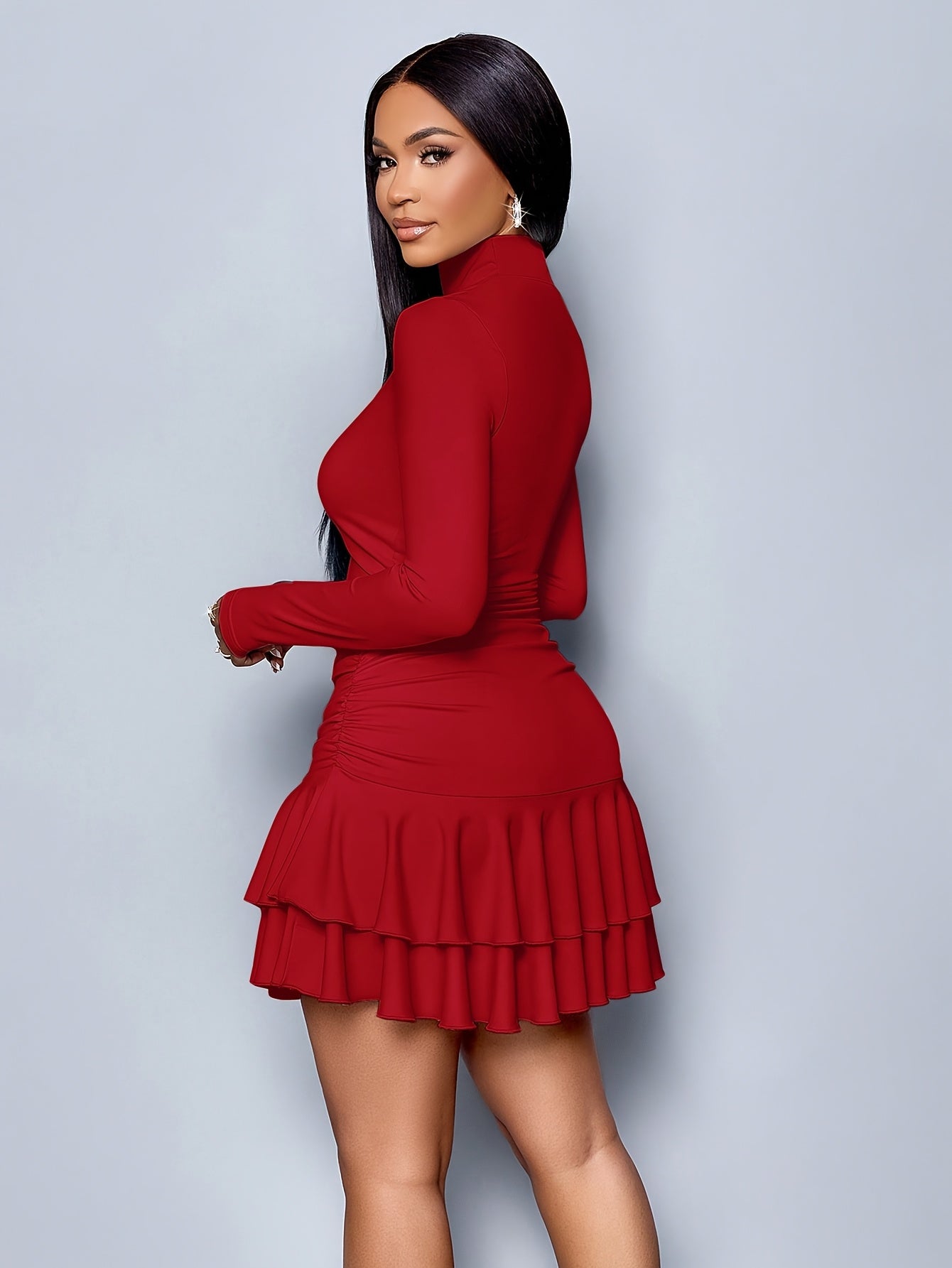 WL Atelier | Elegant Black Ruffle Mini Dress with Stand Collar