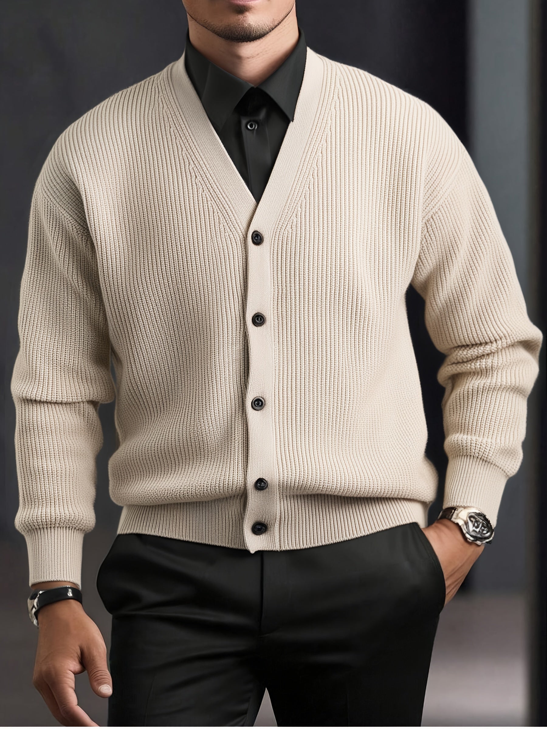 WL Atelier Men | Beige V-Neck Cable-Knit Cardigan