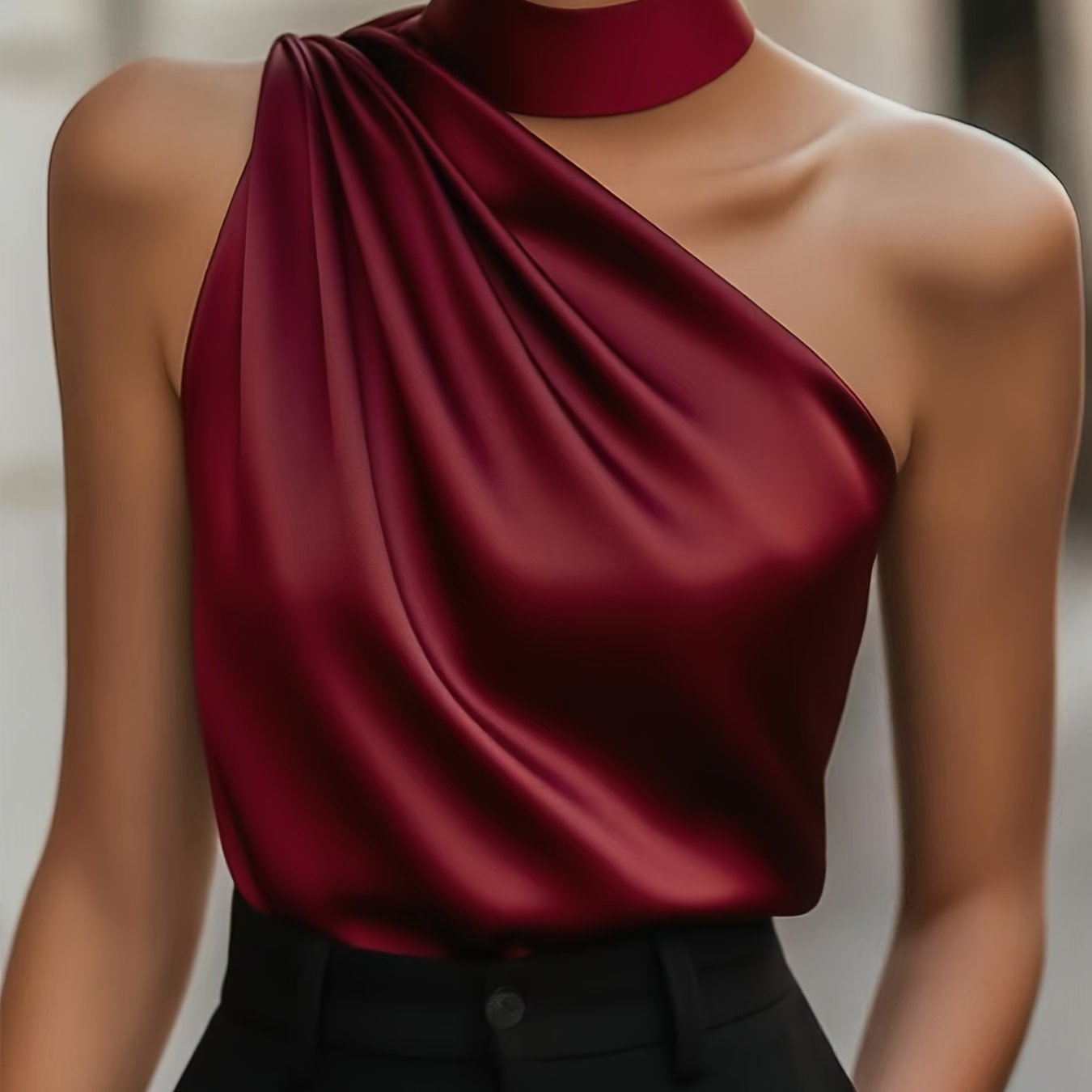 Deep Red Satin Off-Shoulder Blouse