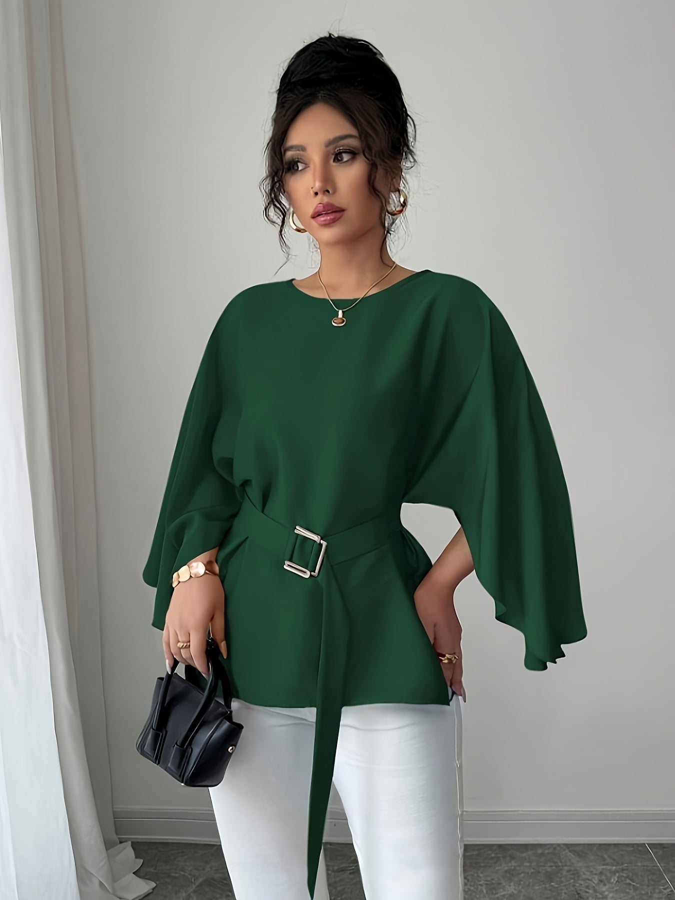 WL Atelier | Elegant Green Belted Long-Sleeve Blouse