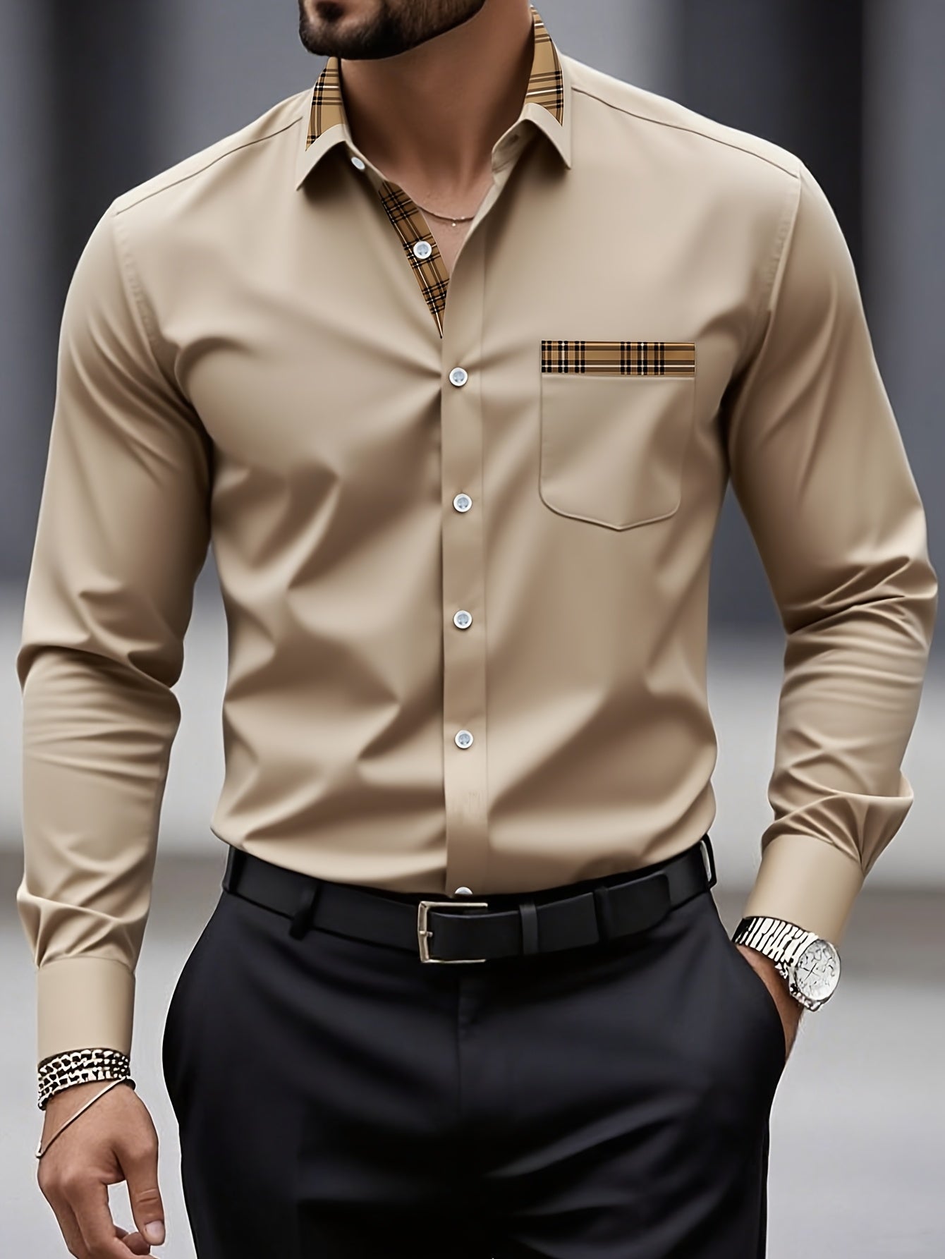 WL Atelier Men | Slim Fit Beige &amp; Brown Long-Sleeve Shirt