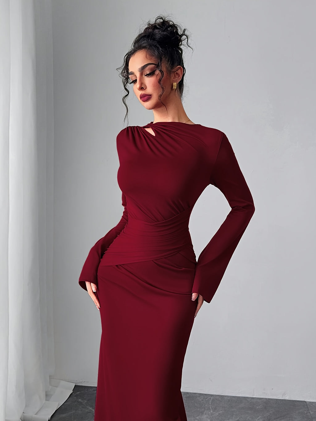 WL Atelier | Elegant Bodycon Dress with Bell Sleeves &amp; Asymmetrical Neckline