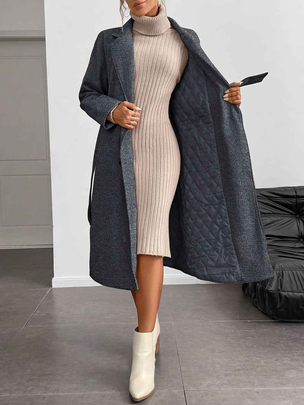 WL Atelier | Elegant Double-Breasted Long Coat with Belt