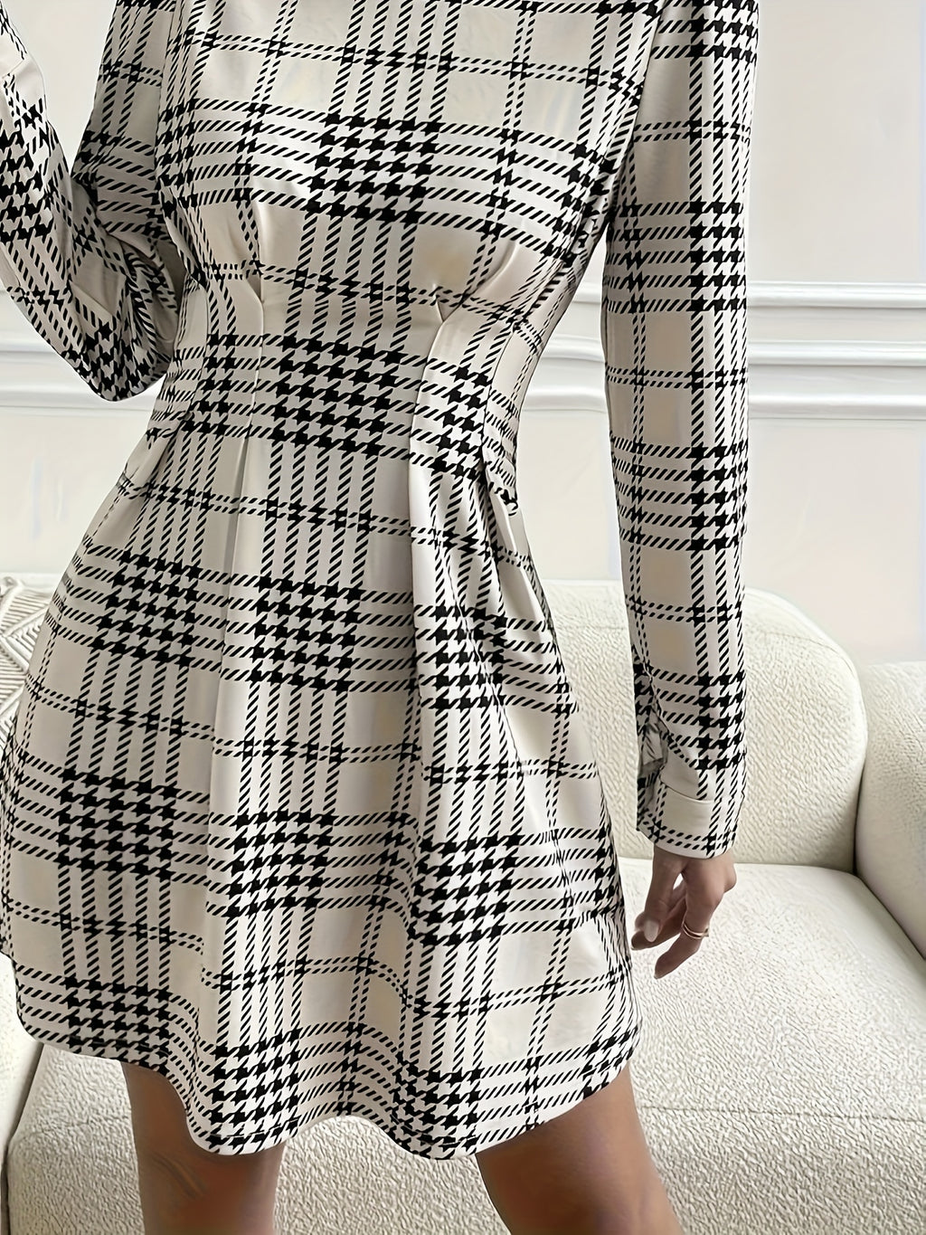 WL Atelier | Black &amp; White Plaid Mini Dress with Bow Detail