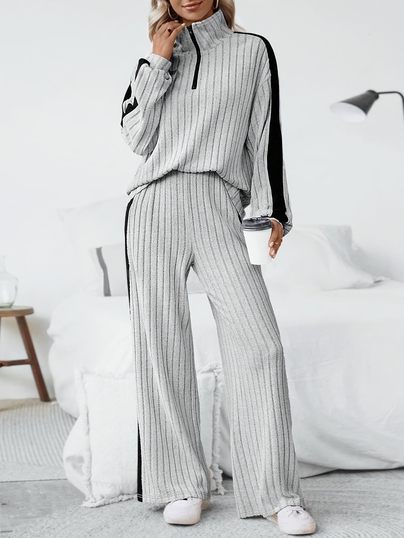 WL Atelier | Striped Collar Top &amp; Color-Block Wide-Leg Pants Set