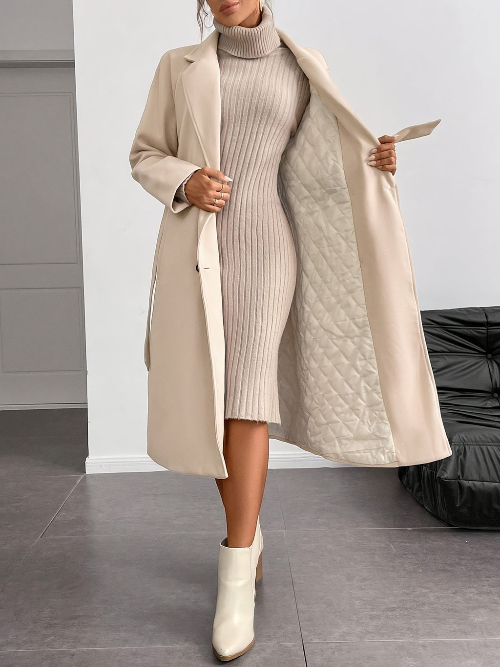 WL Atelier | Elegant Double-Breasted Long Coat with Belt