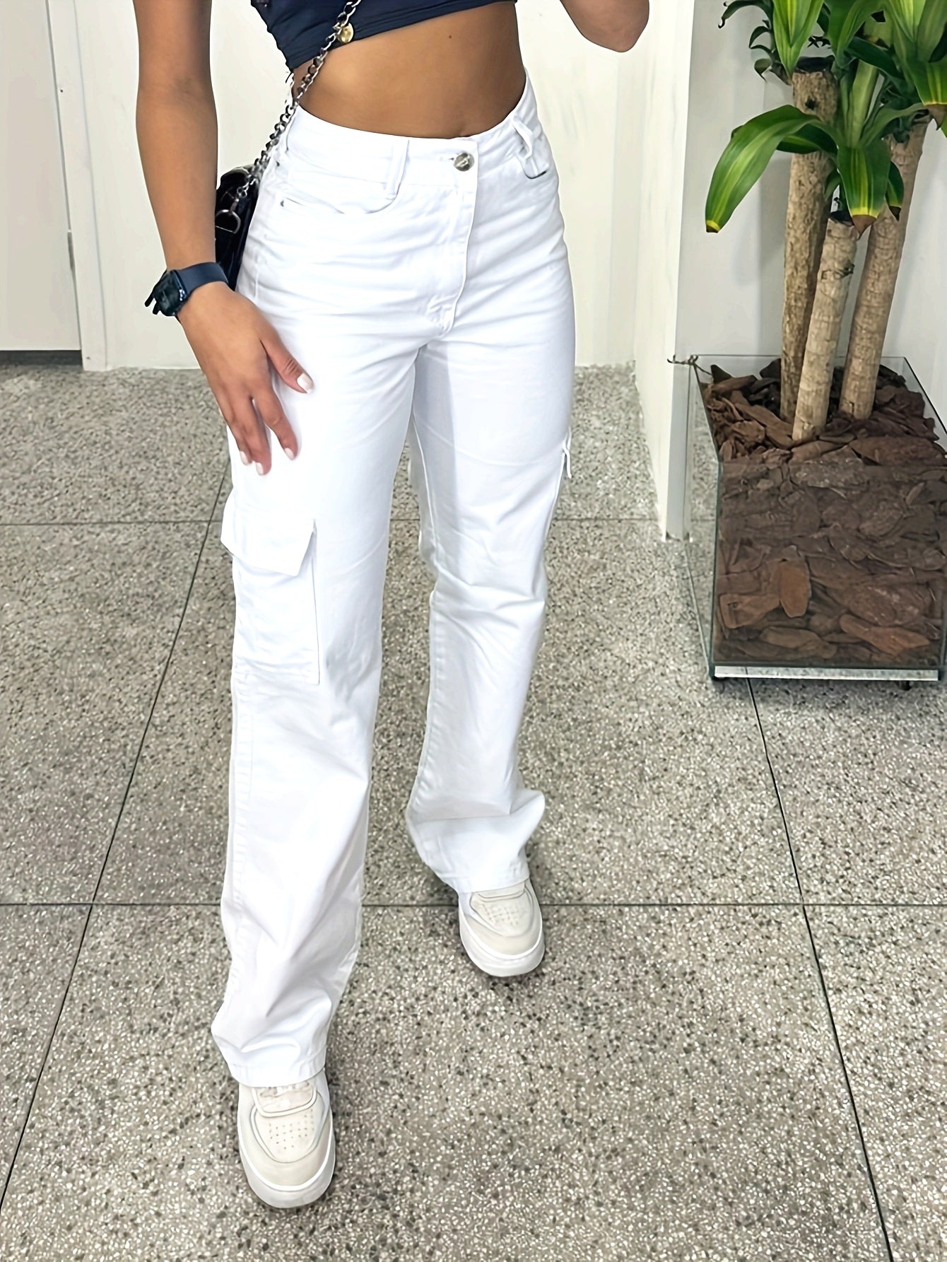 White Slim-Fit Cargo Pants with 3D Pockets