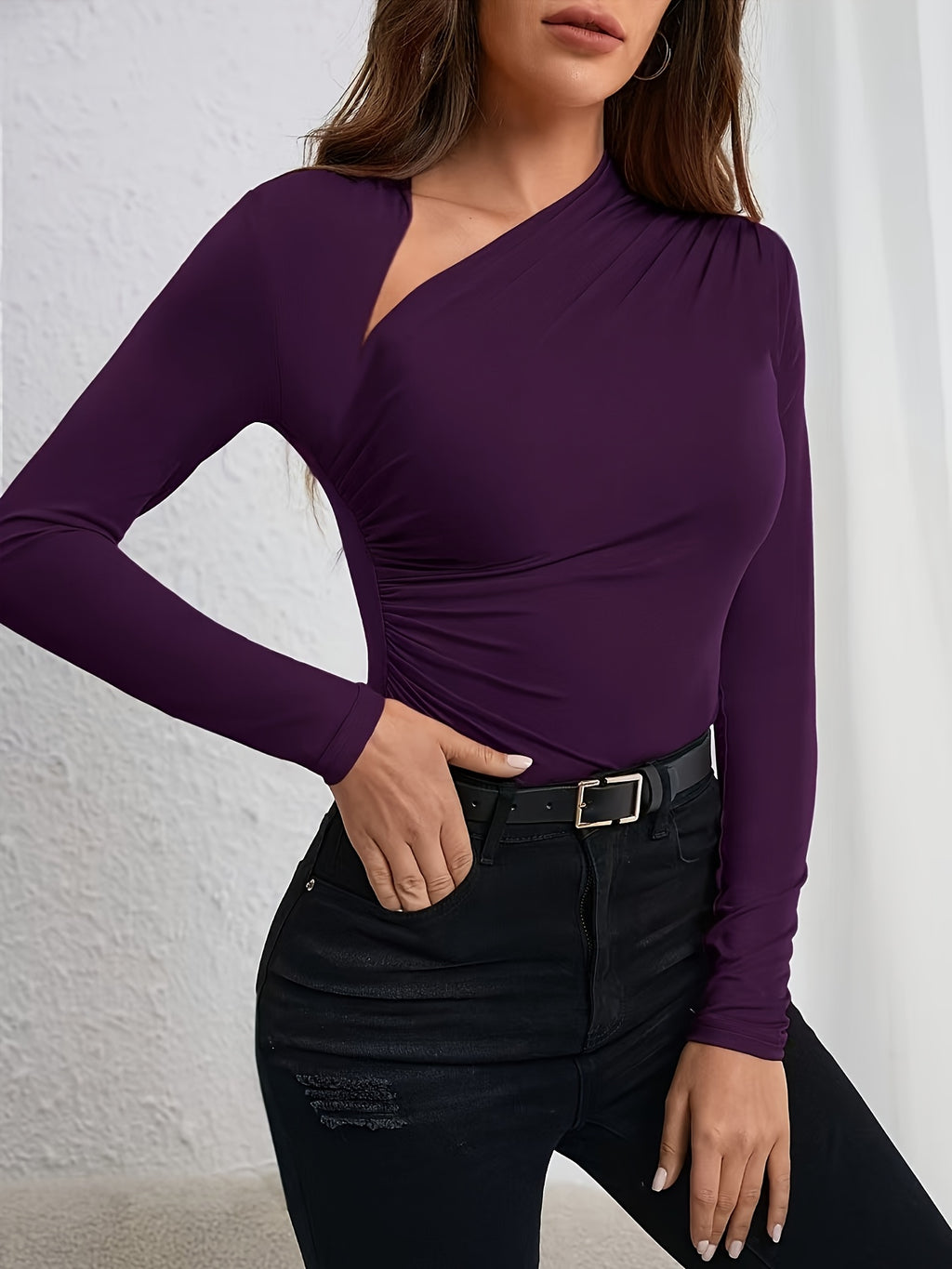 WL Atelier | Elegant Asymmetrical Neckline T-Shirt with Pleated Detail