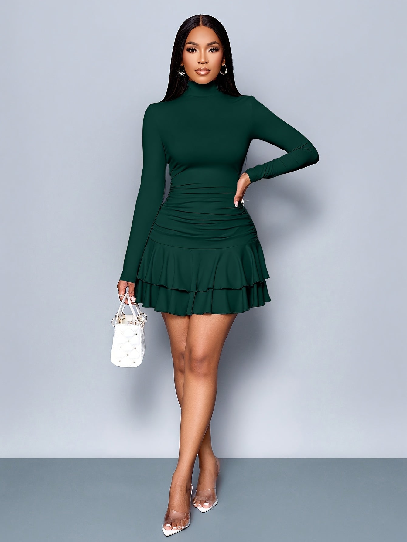 WL Atelier | Elegant Black Ruffle Mini Dress with Stand Collar