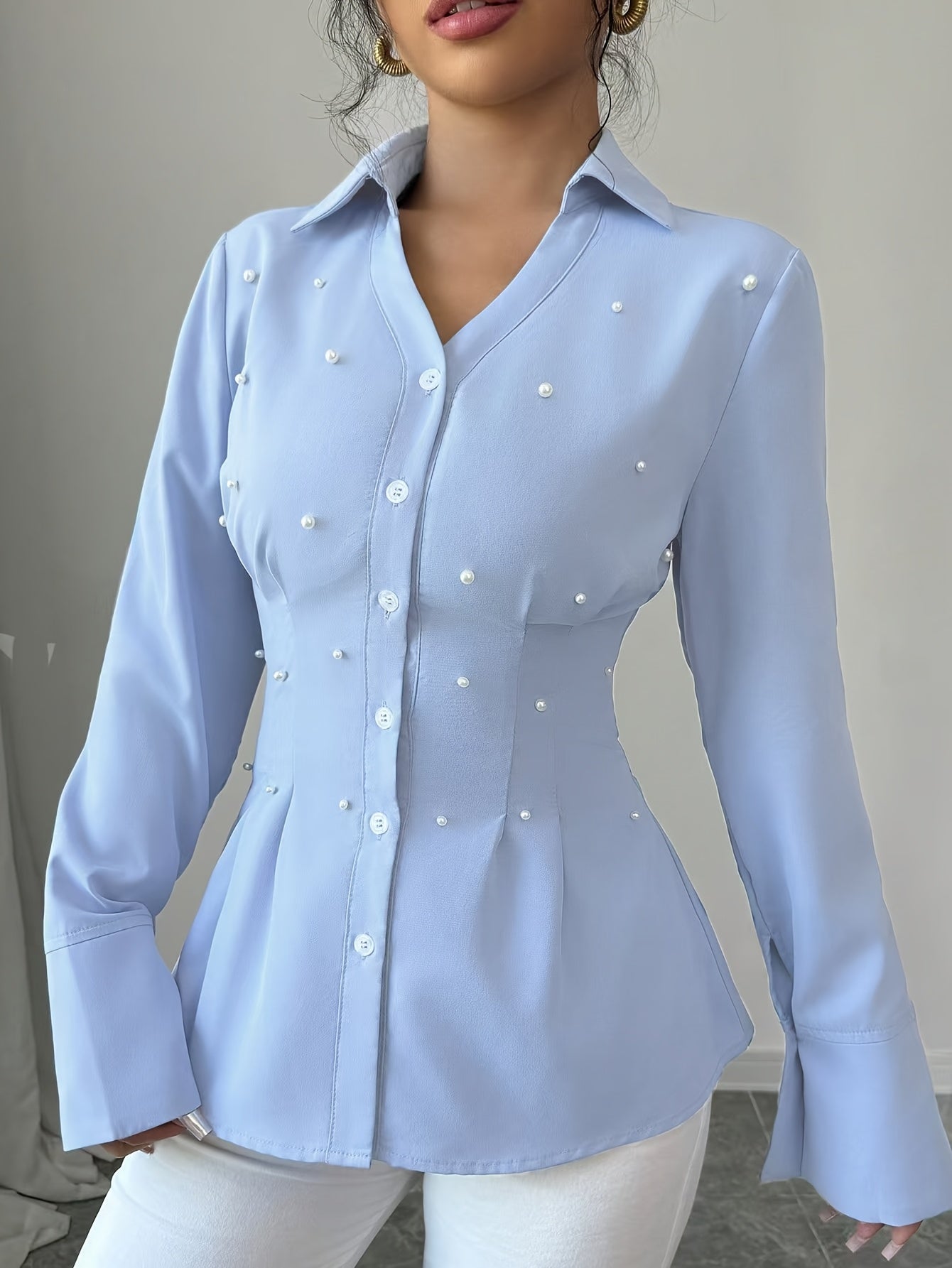 WL Atelier | Vintage Blue V-Neck Blouse with Pearl Embellishments