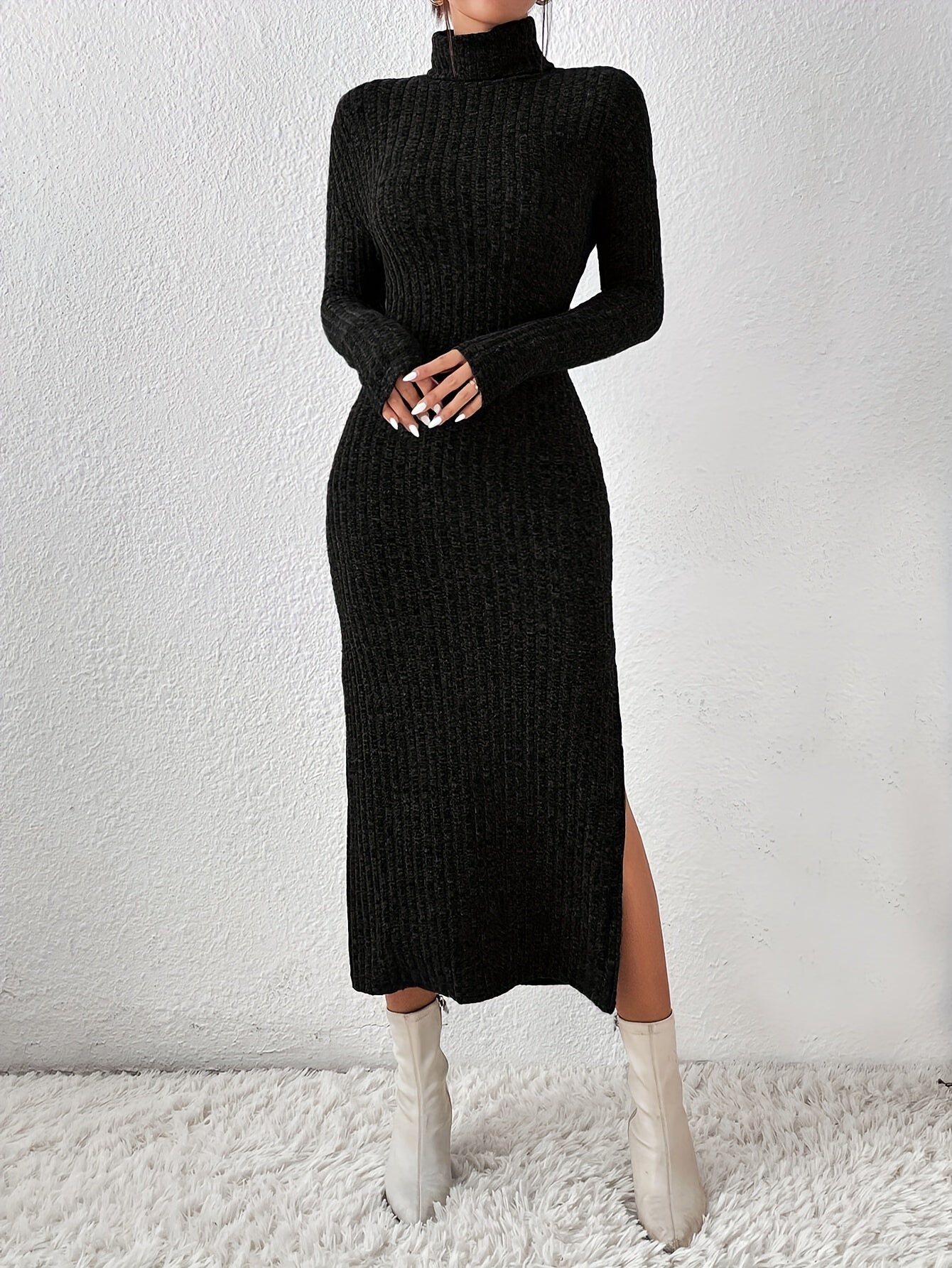 WL Atelier | Elegant Ribbed Knit Turtleneck Midi Dress with Split Hem