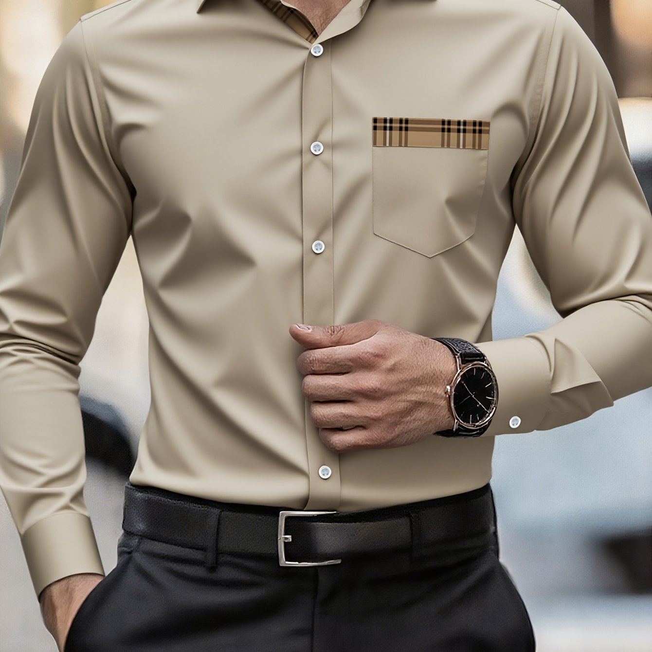 WL Atelier Men | Slim Fit Beige &amp; Brown Long-Sleeve Shirt