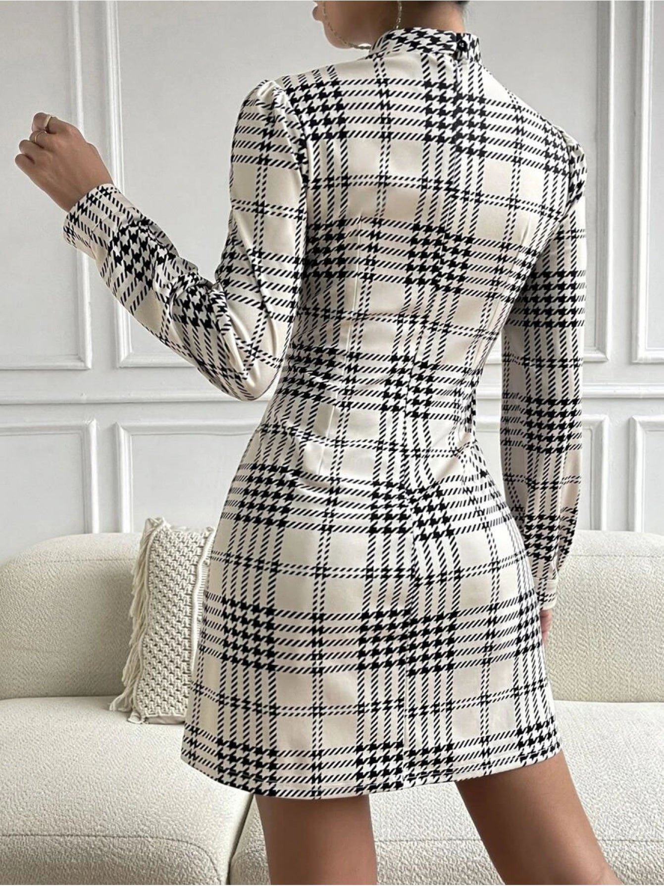WL Atelier | Black &amp; White Plaid Mini Dress with Bow Detail
