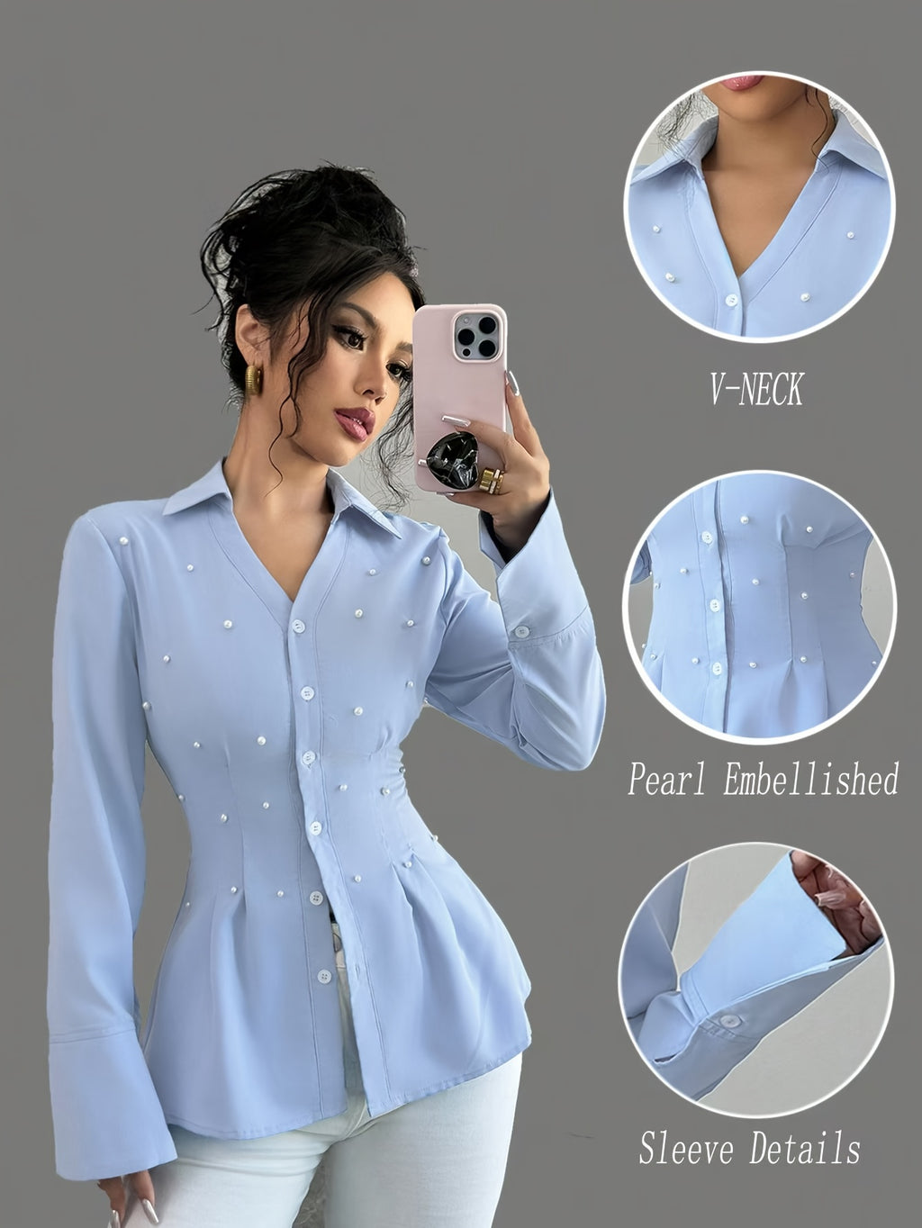 WL Atelier | Vintage Blue V-Neck Blouse with Pearl Embellishments