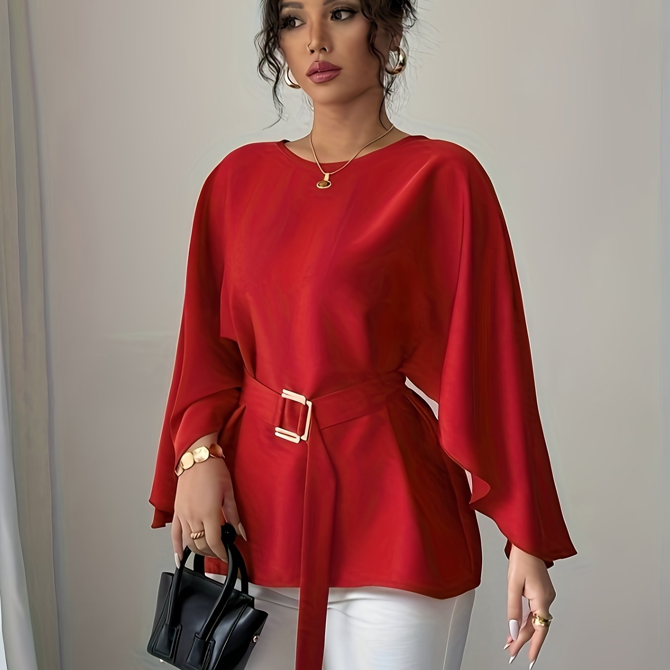 WL Atelier | Elegant Green Belted Long-Sleeve Blouse