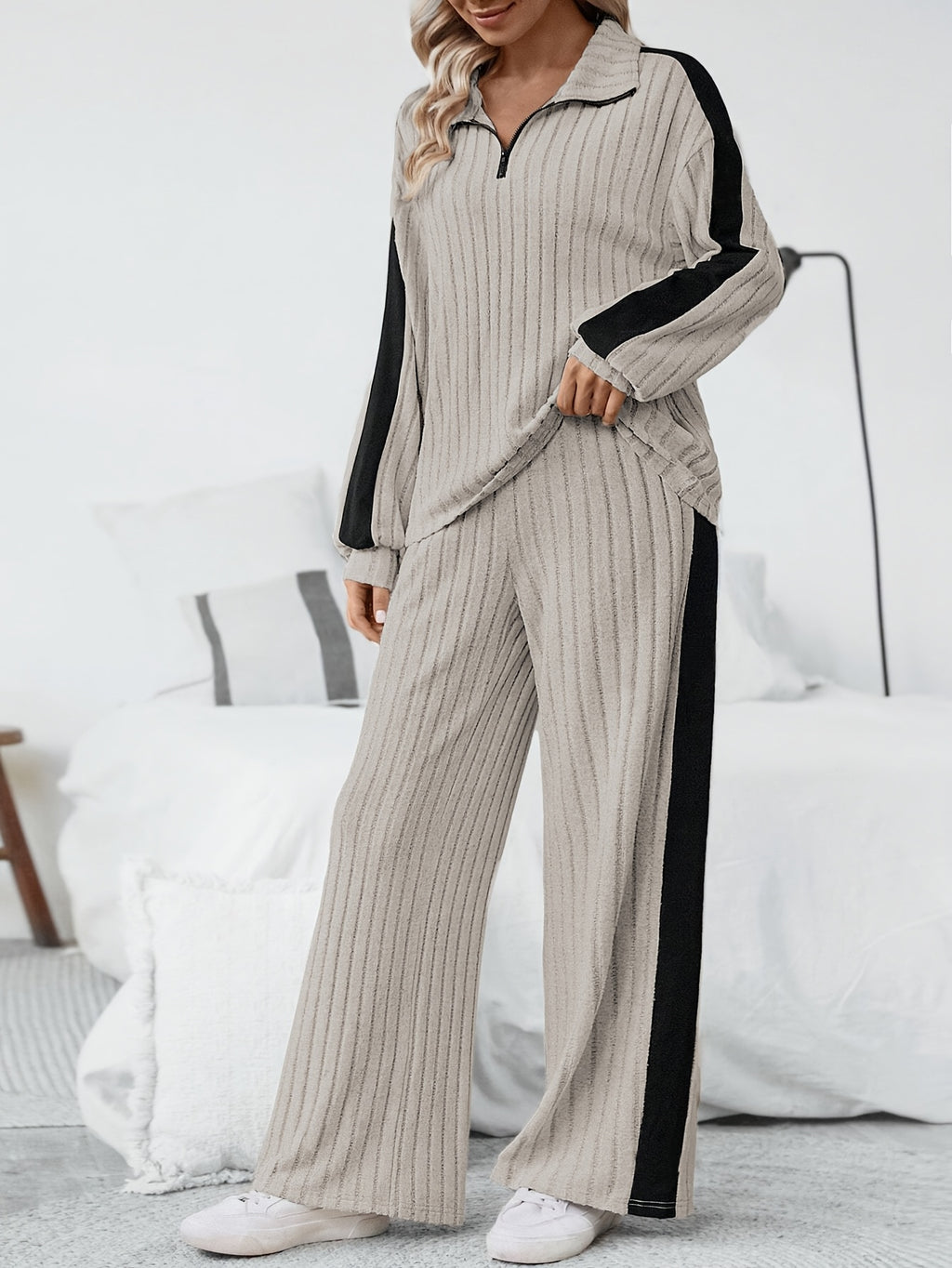 WL Atelier | Striped Collar Top &amp; Color-Block Wide-Leg Pants Set