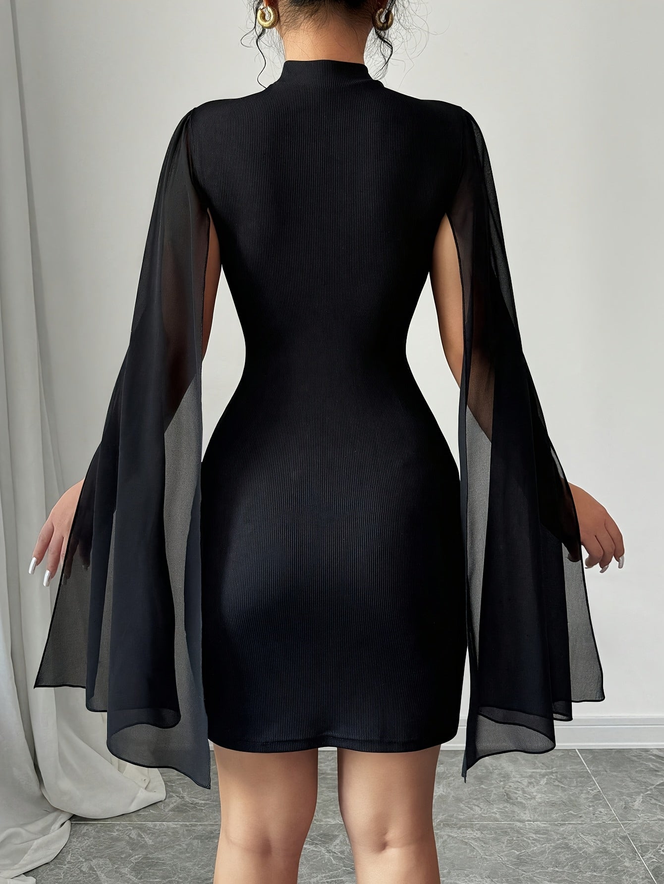 WL Atelier | Solid Color Mini Dress with Stand Collar &amp; Shawl Detail