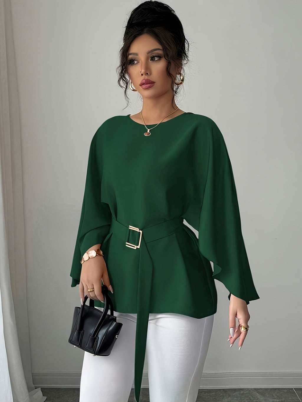 WL Atelier | Elegant Green Belted Long-Sleeve Blouse