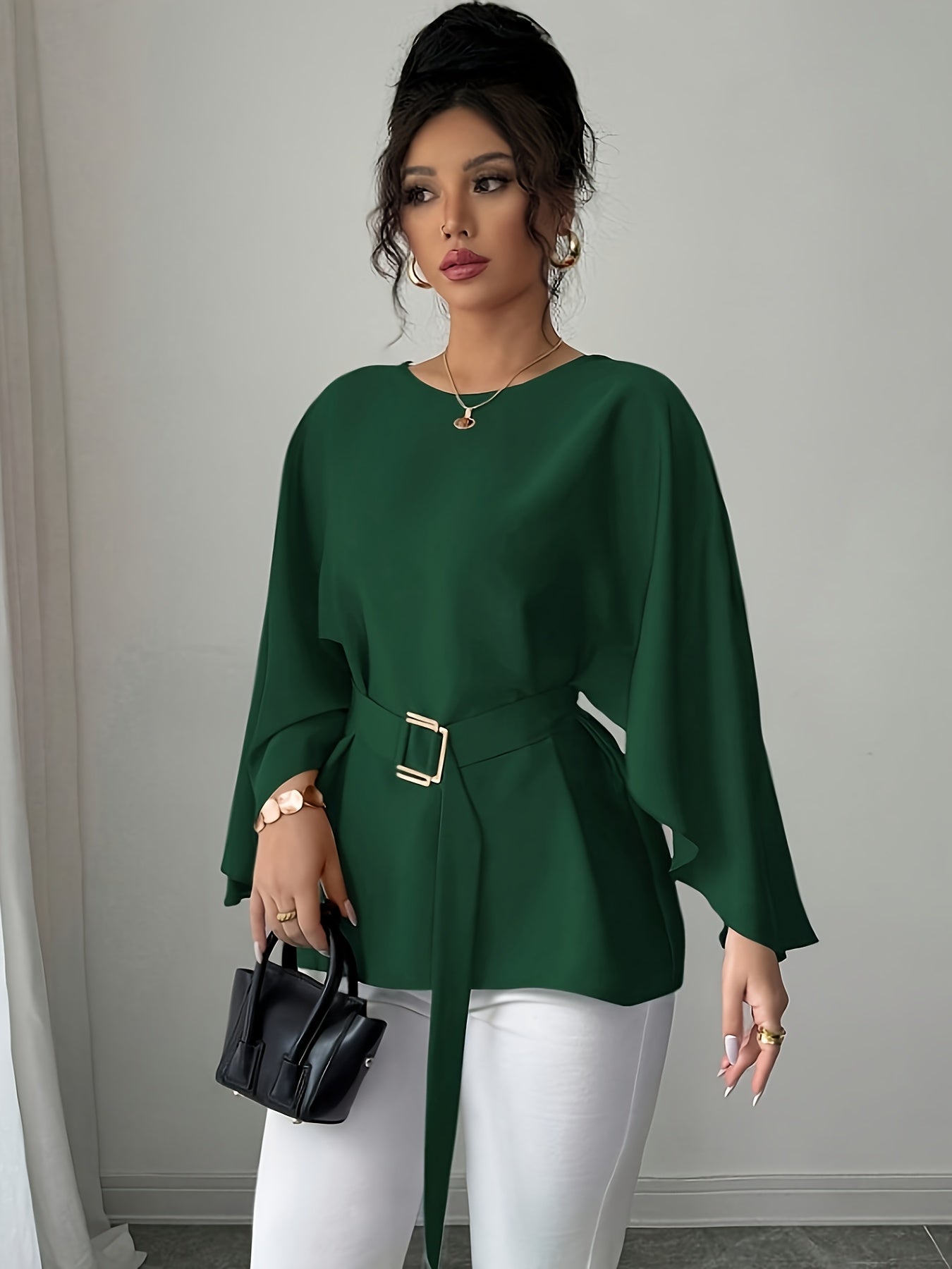 WL Atelier | Elegant Green Belted Long-Sleeve Blouse