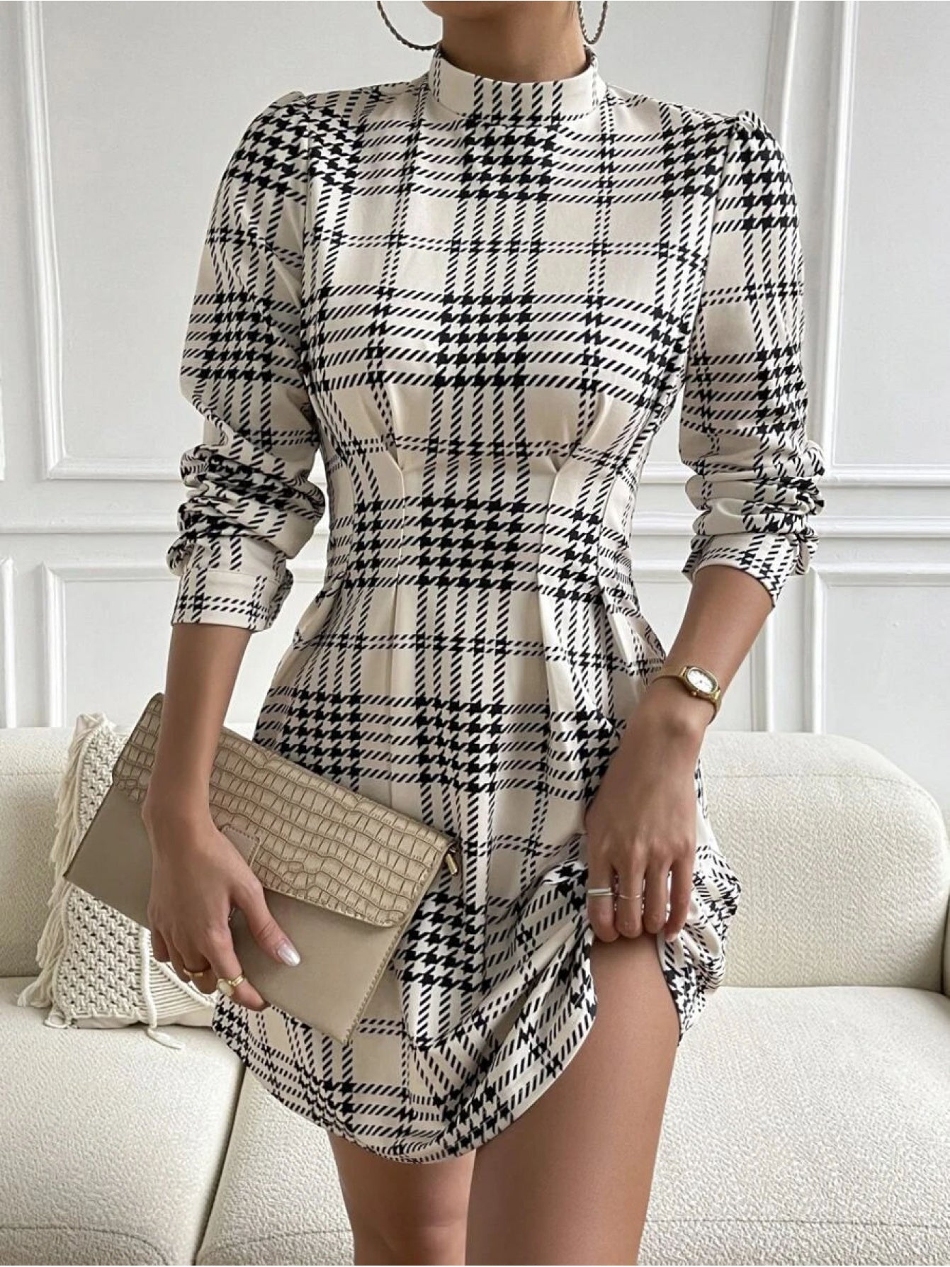 WL Atelier | Black &amp; White Plaid Mini Dress with Bow Detail