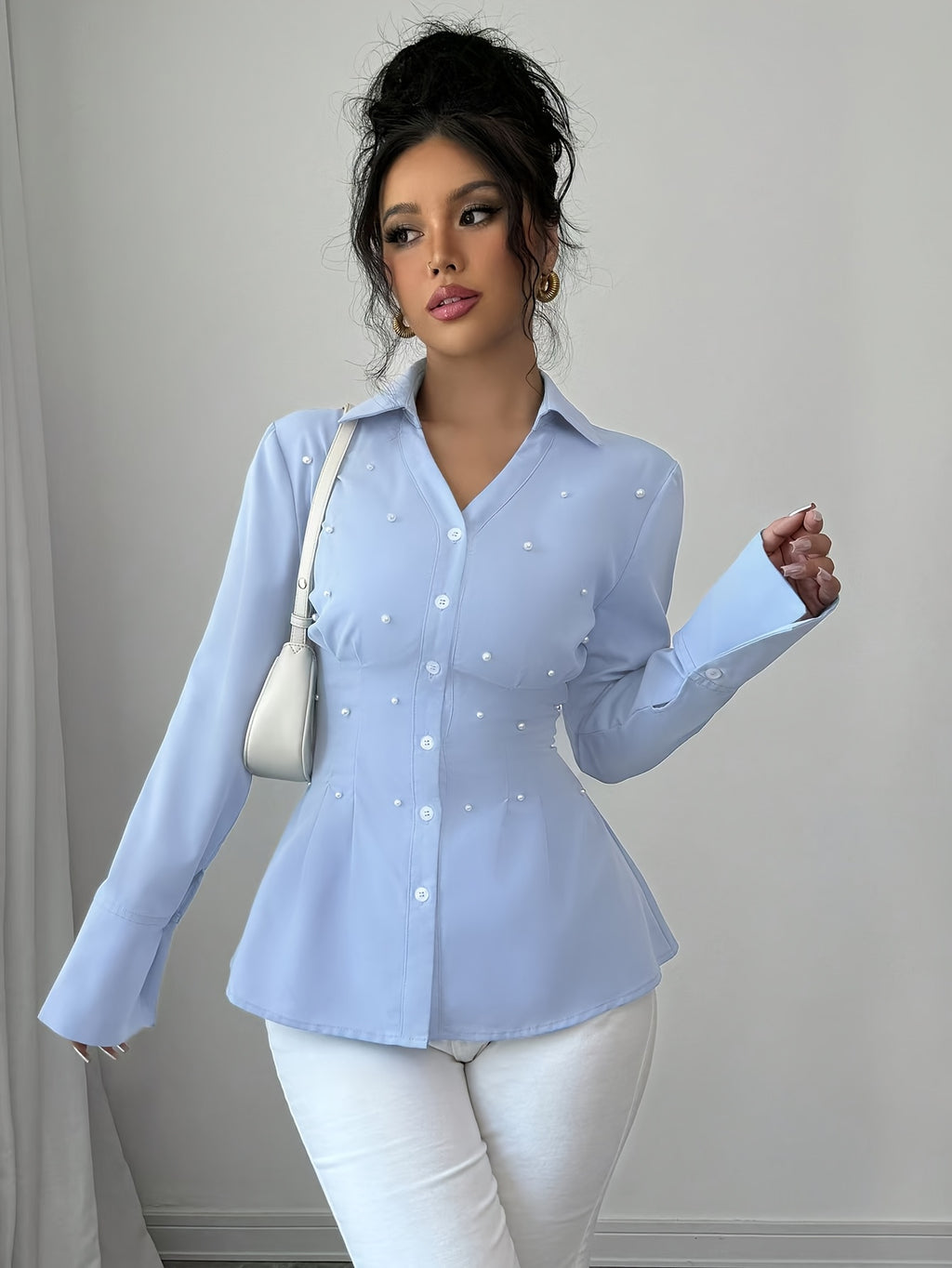 WL Atelier | Vintage Blue V-Neck Blouse with Pearl Embellishments