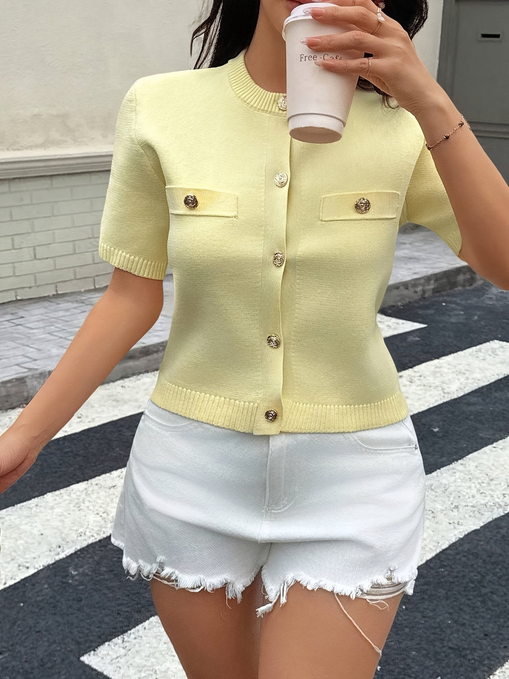 WL Atelier | Yellow Short-Sleeve Button-Front Knit Top