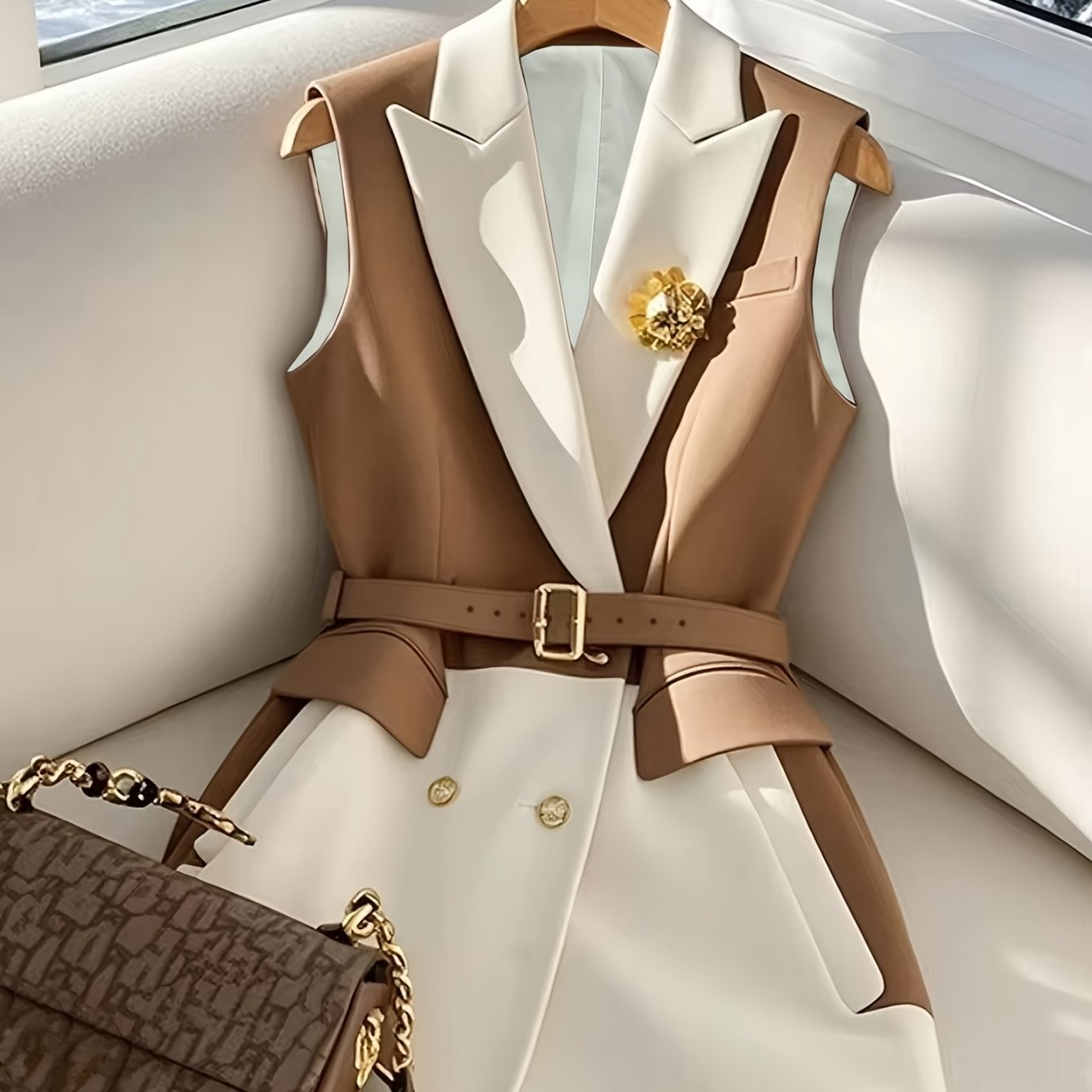 WL Atelier | Elegant White &amp; Beige Color Block Sleeveless Blazer Vest
