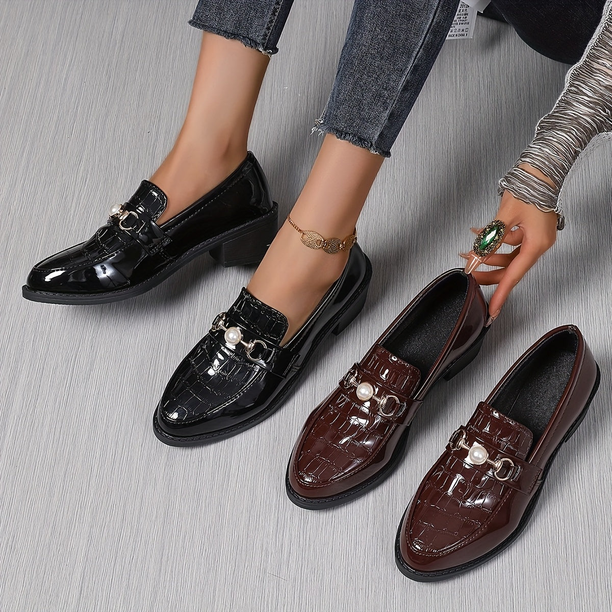 WL Atelier | Slip-On Loafers with Pearl Accents &amp; Crocodile Pattern