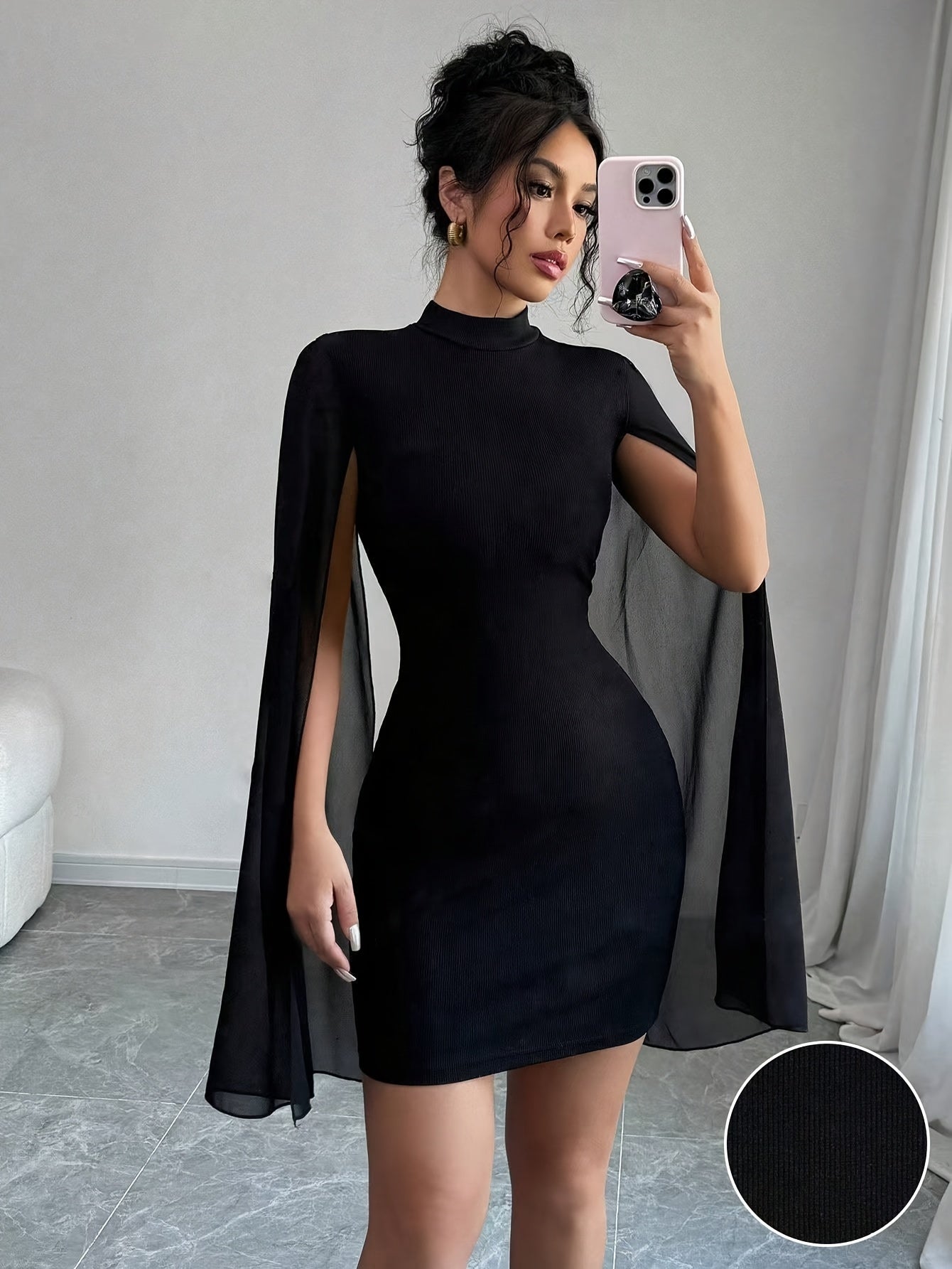 WL Atelier | Solid Color Mini Dress with Stand Collar &amp; Shawl Detail