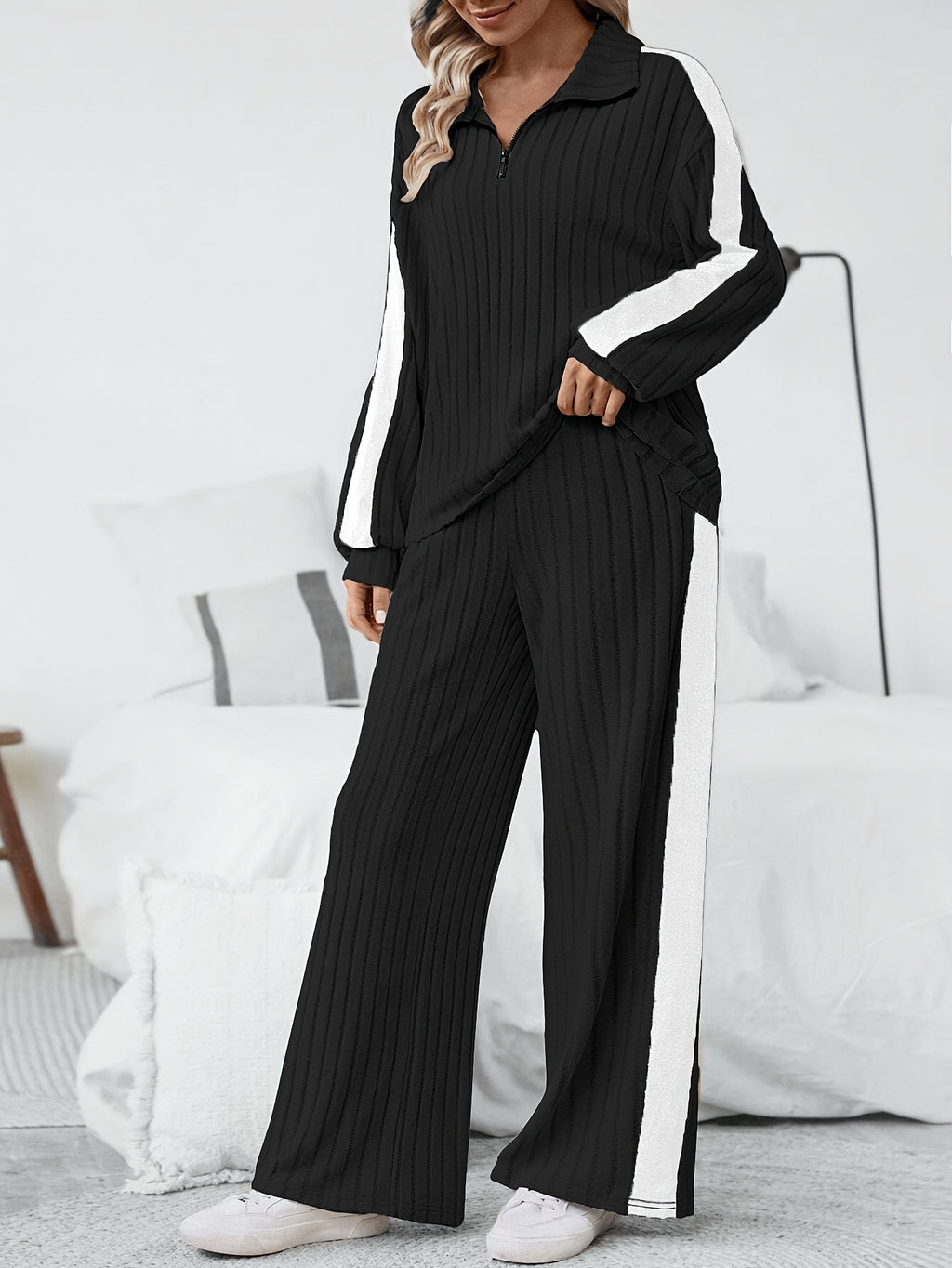 WL Atelier | Striped Collar Top &amp; Color-Block Wide-Leg Pants Set