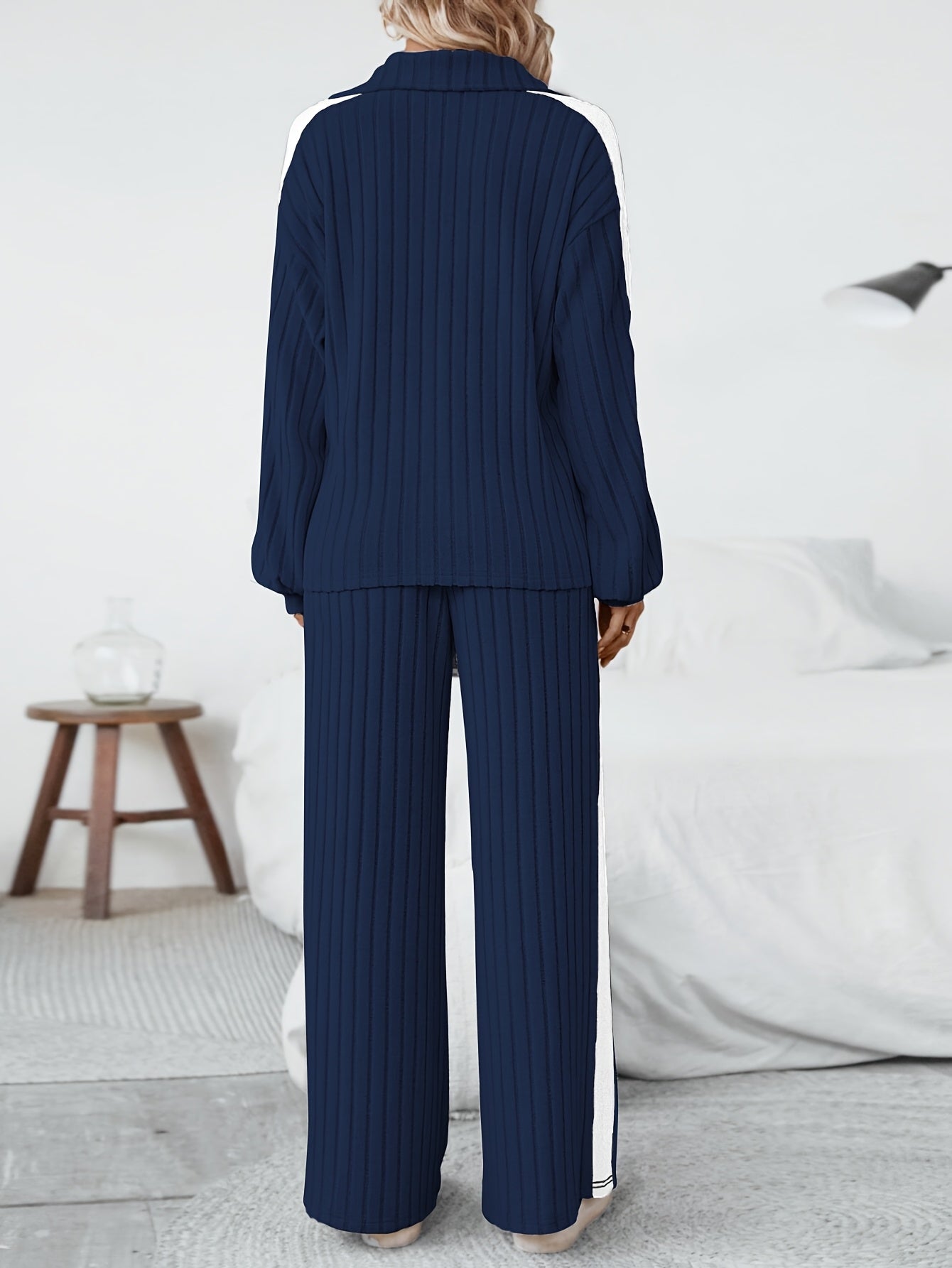 WL Atelier | Striped Collar Top &amp; Color-Block Wide-Leg Pants Set