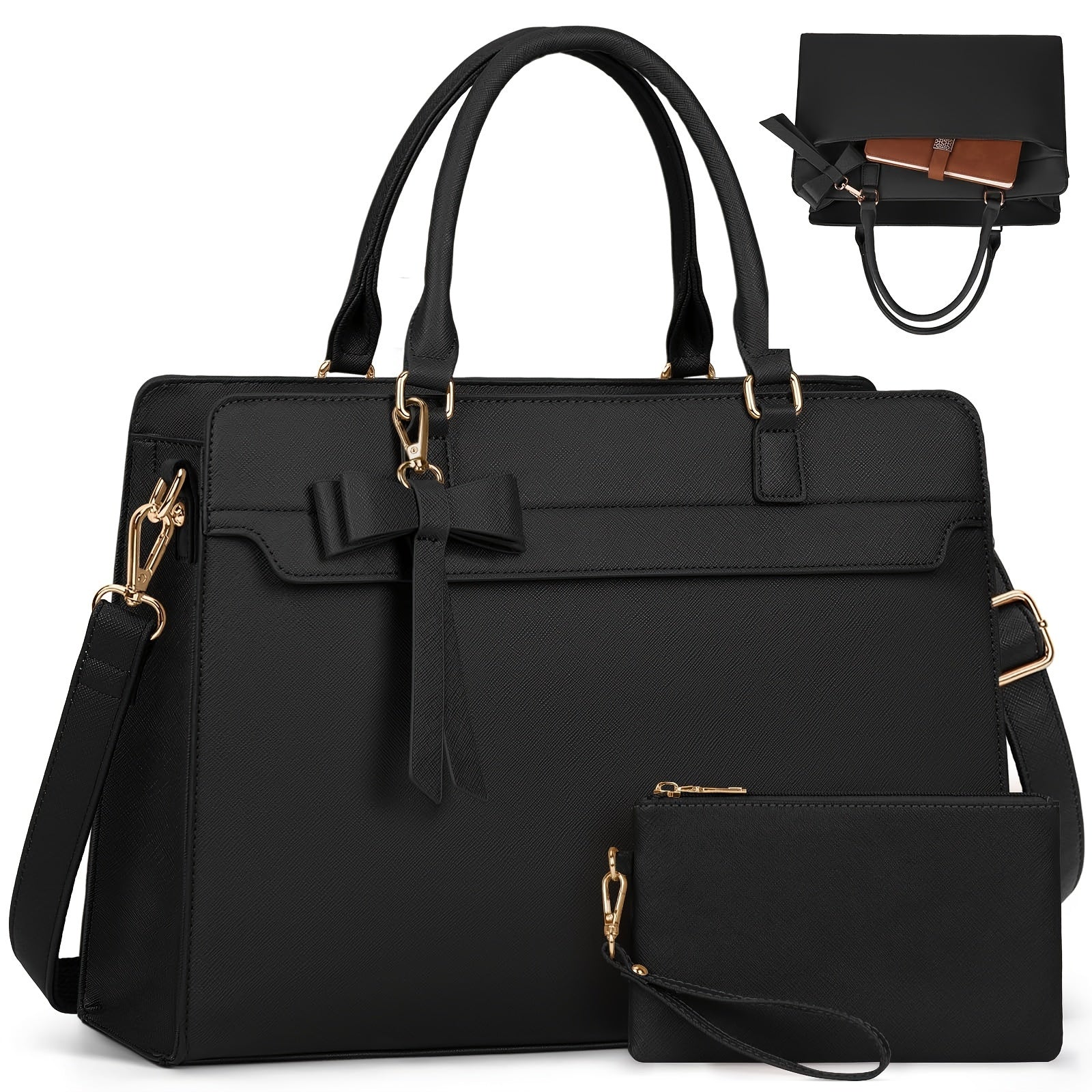 WL Atelier | Elegant Black PU Laptop Tote &amp; Satchel Set